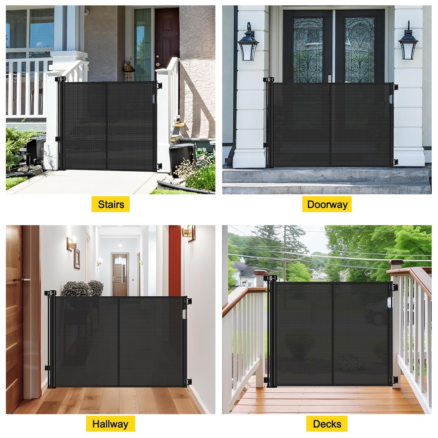 Reinforced 42” Extra Tall Retractable Baby Gates with Rods, Extends up to 60” Wide, Tall Retractable Dog Gate for Doorways Prevent Crawling Through Mesh Pet Gate Indoor Outdoor, Black