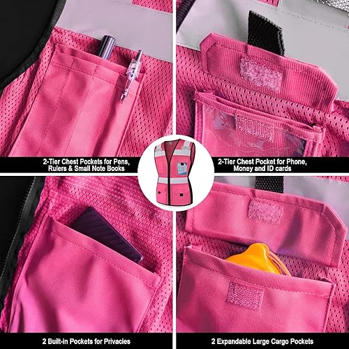 Miniatura 4 de TCCFCCT Chaleco de seguridad para mujer, chaleco reflectante de malla de 11 bolsillos con cremallera, chaleco de trabajo de construcción de neón de