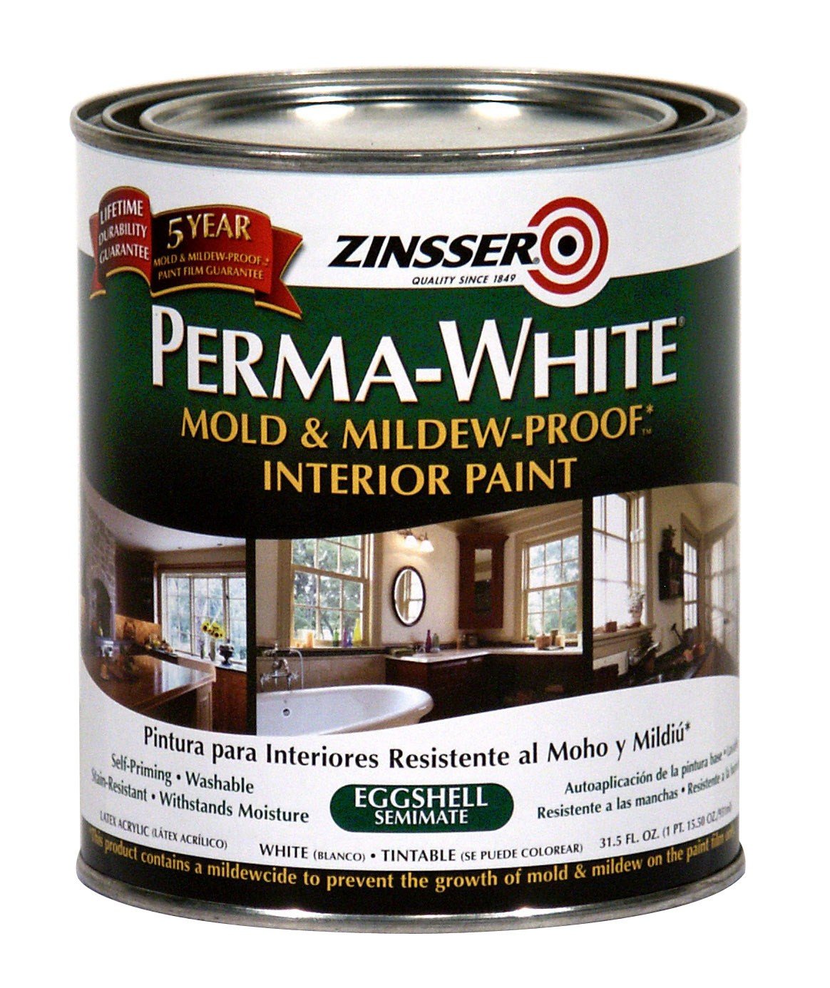 Rust-Oleum 2774 White Zinsser Perma-Mold and Mildew-Proof Interior Eggshell, 1 quart Can (Pack of 6)
