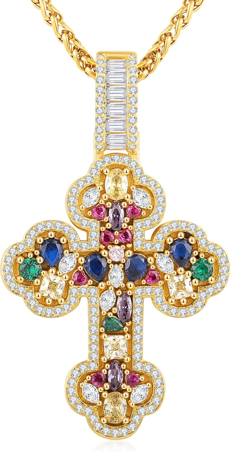 Gothic Cross Pendant Necklace for Men, White Gold Plated Iced Out with Colorful CZ, Religious Hip Hop Faith Pendant - Ideal Christian Gifts for Him Her