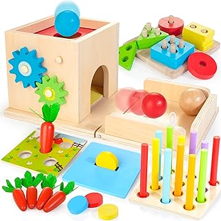 JUSTWOOD Montessori Toys for 1+ Year Old, 8-in-1 Wooden Play Kit Includes Object Permanent Box, Learning Activity Cube, Sorting & Stacking Toy, Carrot Harvest Game, Gift for Boys Girls Age 12+ Months