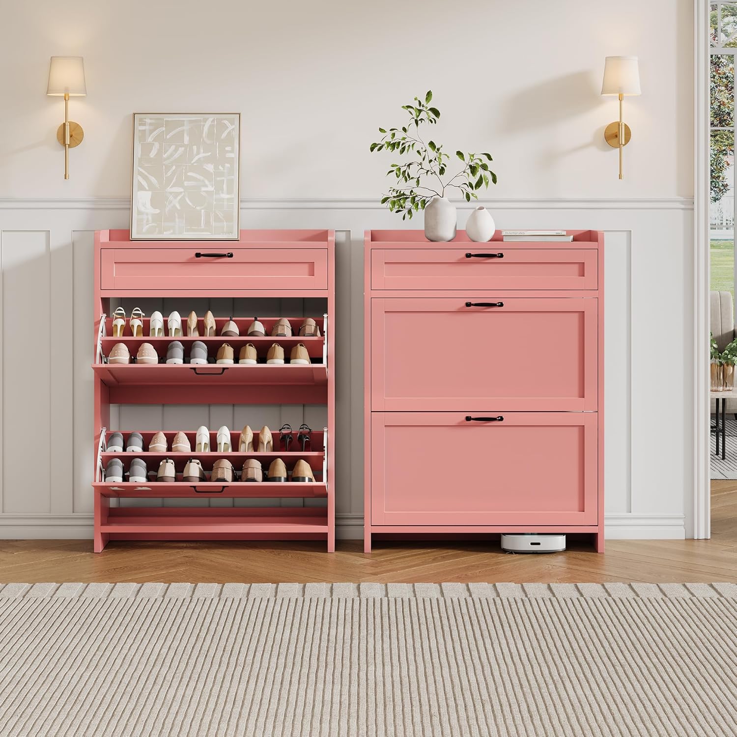 Shoe Cabinet with 2 Flip Drawers & 1 Top Drawer, Wooden Shoe Organizer Cabinet with Adjustable Shelf, Freestanding Shoe Storage Cabinets for Entryway, Hidden Shoe Storage for Hallway, Living Room