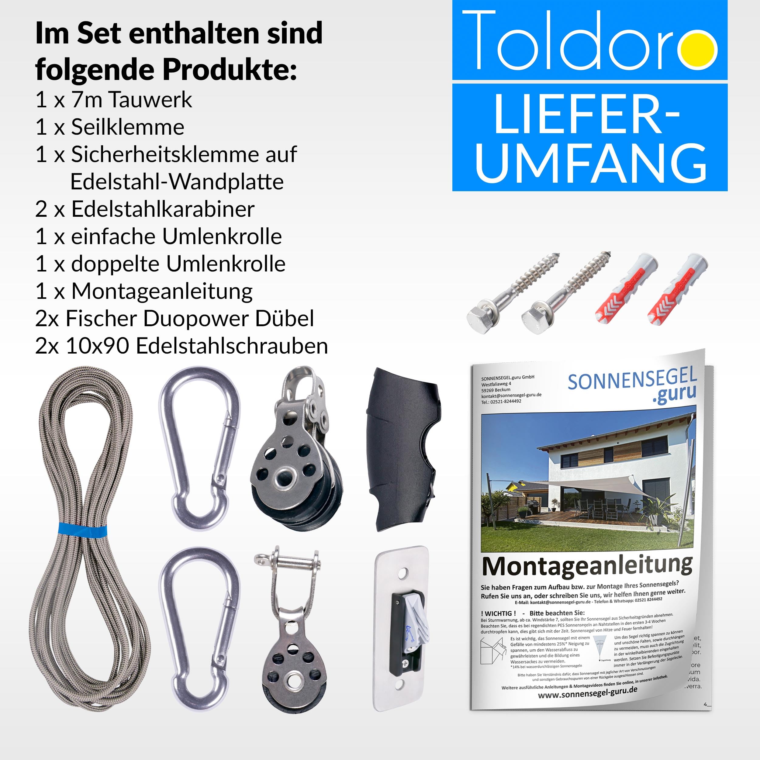 Toldoro® 3-Fach Flaschenzug mit Sicherheitsklemme an Wandplatte/Seilzug zum Spannen und Befestigen von Sonnensegel und Segeln/Robustes Spannset
