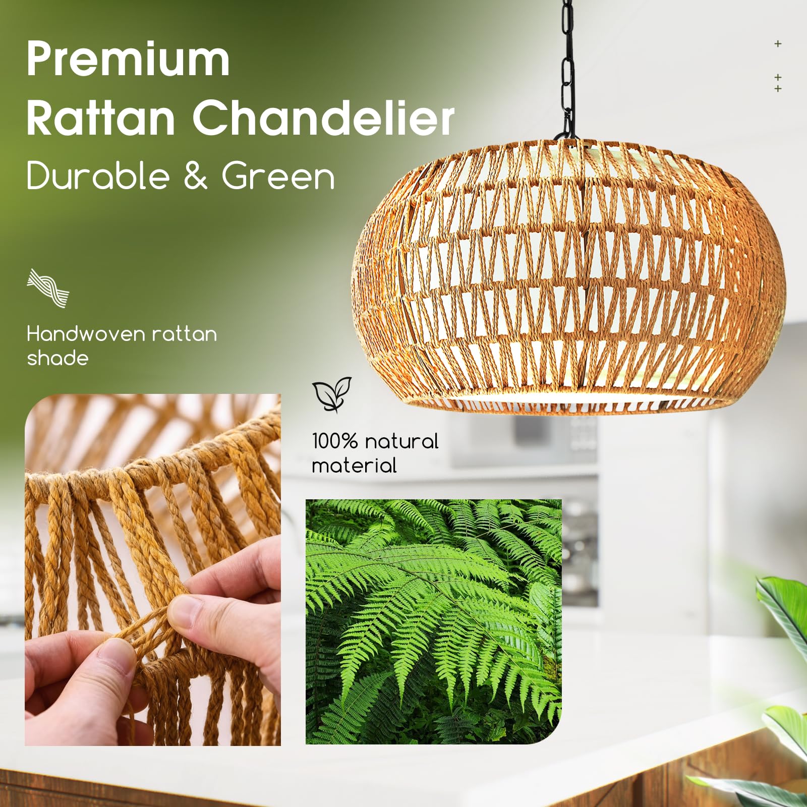 Tadpole Jump 19' Boho Rattan Chandelier for Dining Room 5-Lights Farmhouse Chand — product photo