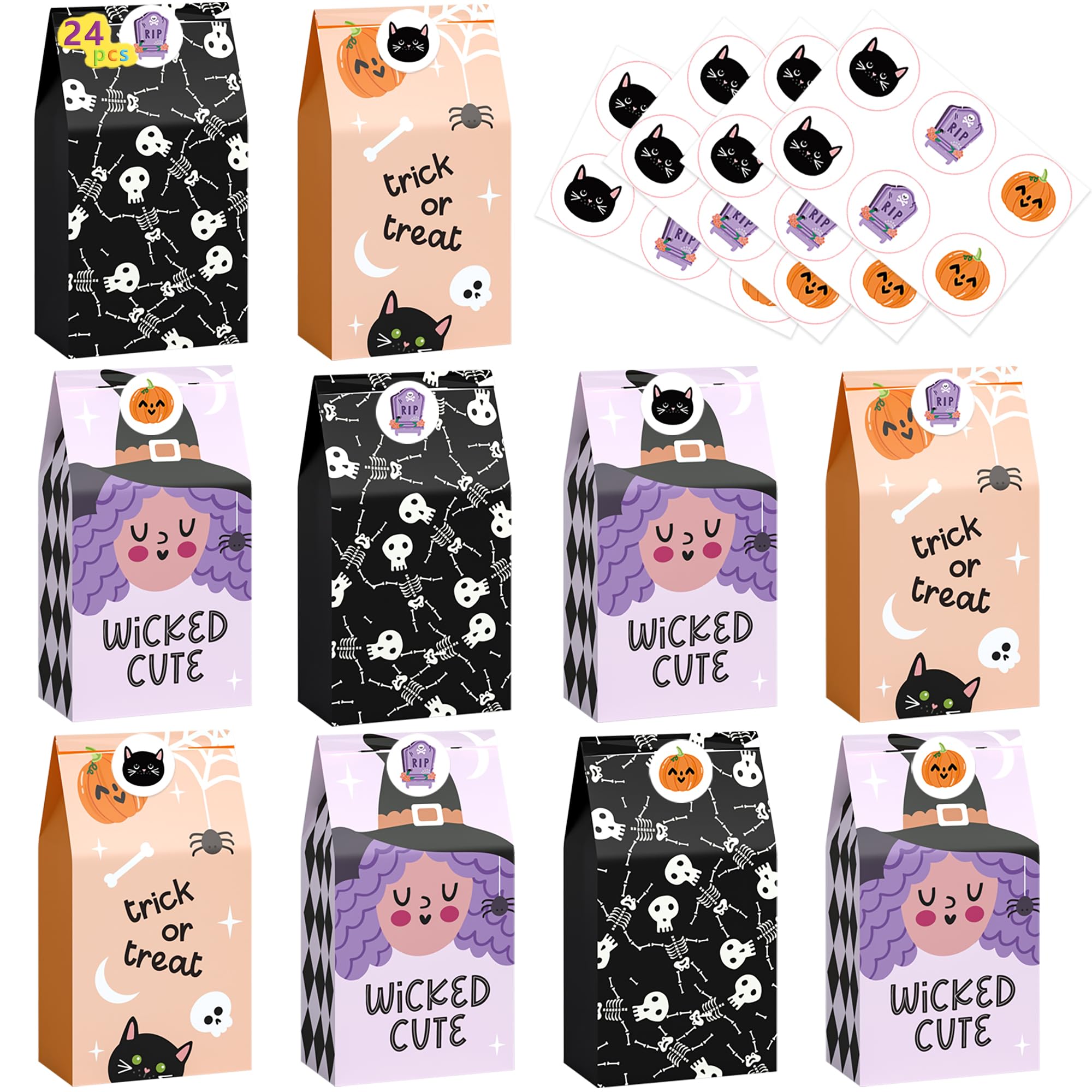 HOUSE OF PARTY Halloween Treats Bags - 24 Pcs | Wicked Paper Treat Bags | Candy Bags with Stickers for Halloween Party Favor Supplies, Treats, Snacks
