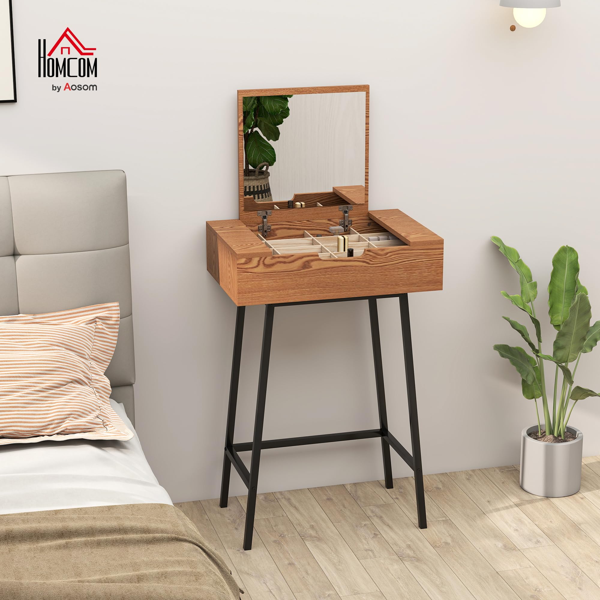 HOMCOM Toeletta Trucco con Specchio Ribaltabile 60x40x90 cm Colore Legno | Elegante, 16 Scomparti Nascosti, Postazione Make Up, Legno e Acciaio, per Camera da Letto, Stile Moderno