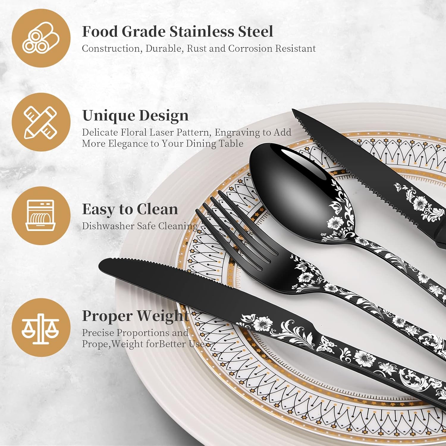24-Piece Black Silverware Set with Steak Knife, Black Flatware Sets for 4, Stainless Steel Cutlery Set Includes Forks Knives Spoons,Unique Pattern Design，Mirror Polished and Dishwasher Safe
