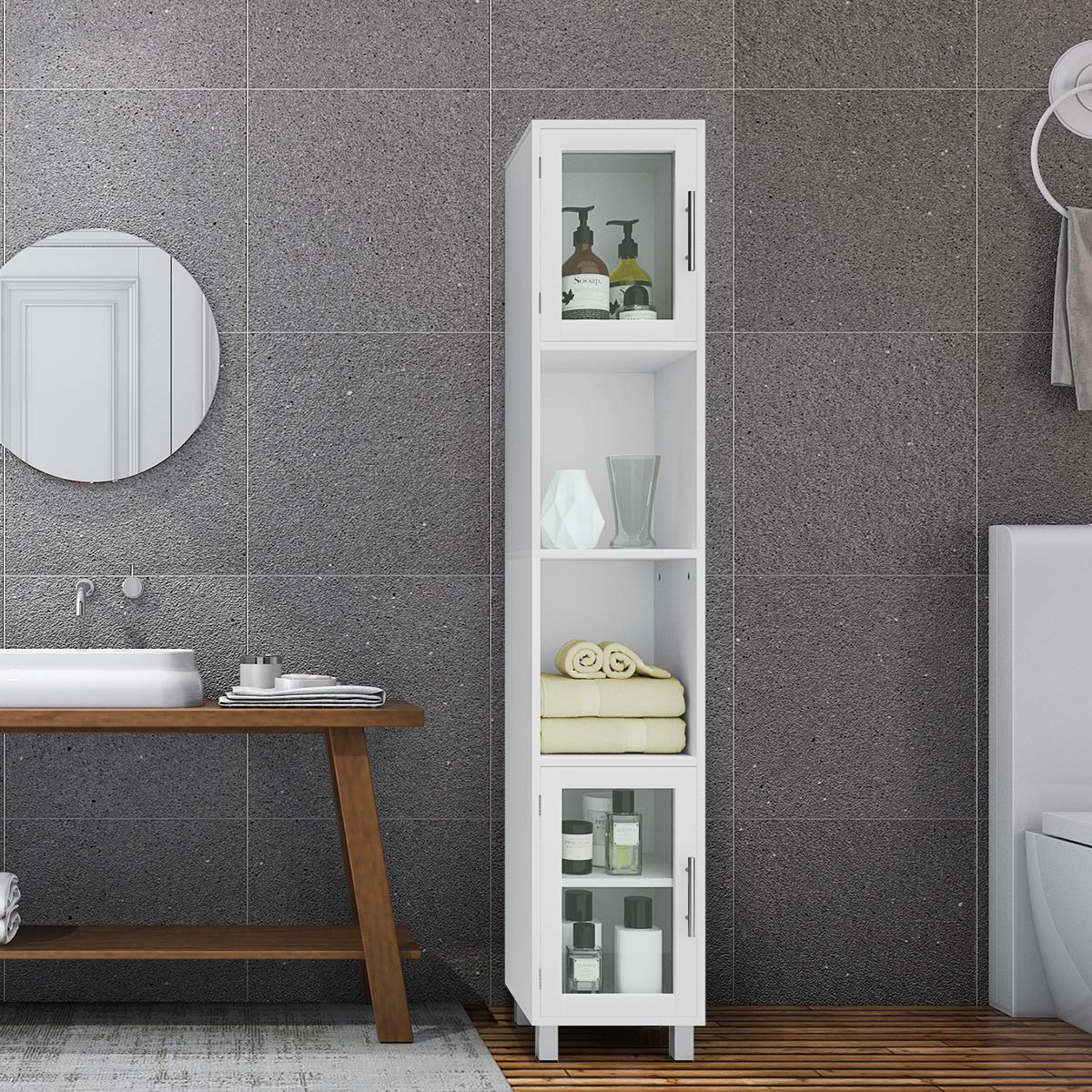 Tangkula Tall Bathroom Home Bedroom Living Room Wood Linen Storage Free