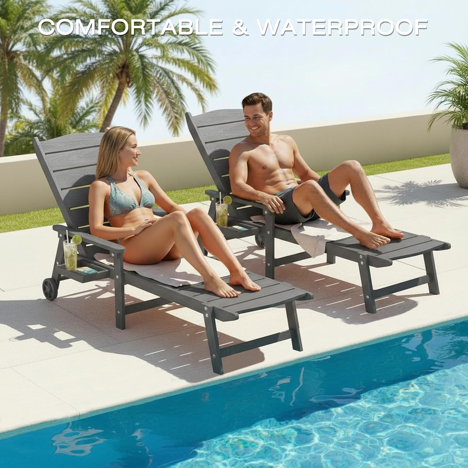 Outdoor Chaise Lounge Chair with Wheels, 6.3ft Full-Length Patio Pool Lounge Chairs,5-Position Adjustable Backrest (Flat Recline), Flip-Down Side Tray,HIPS All-Weather for Poolside, Deck,Beach
