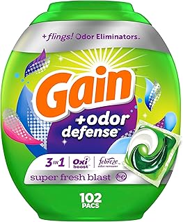 Gain Flings Laundry Detergent Pacs, 102 Count, Super Fresh Blast Scent, with Odor Defense, HE Compatible, with Febreze and Oxi