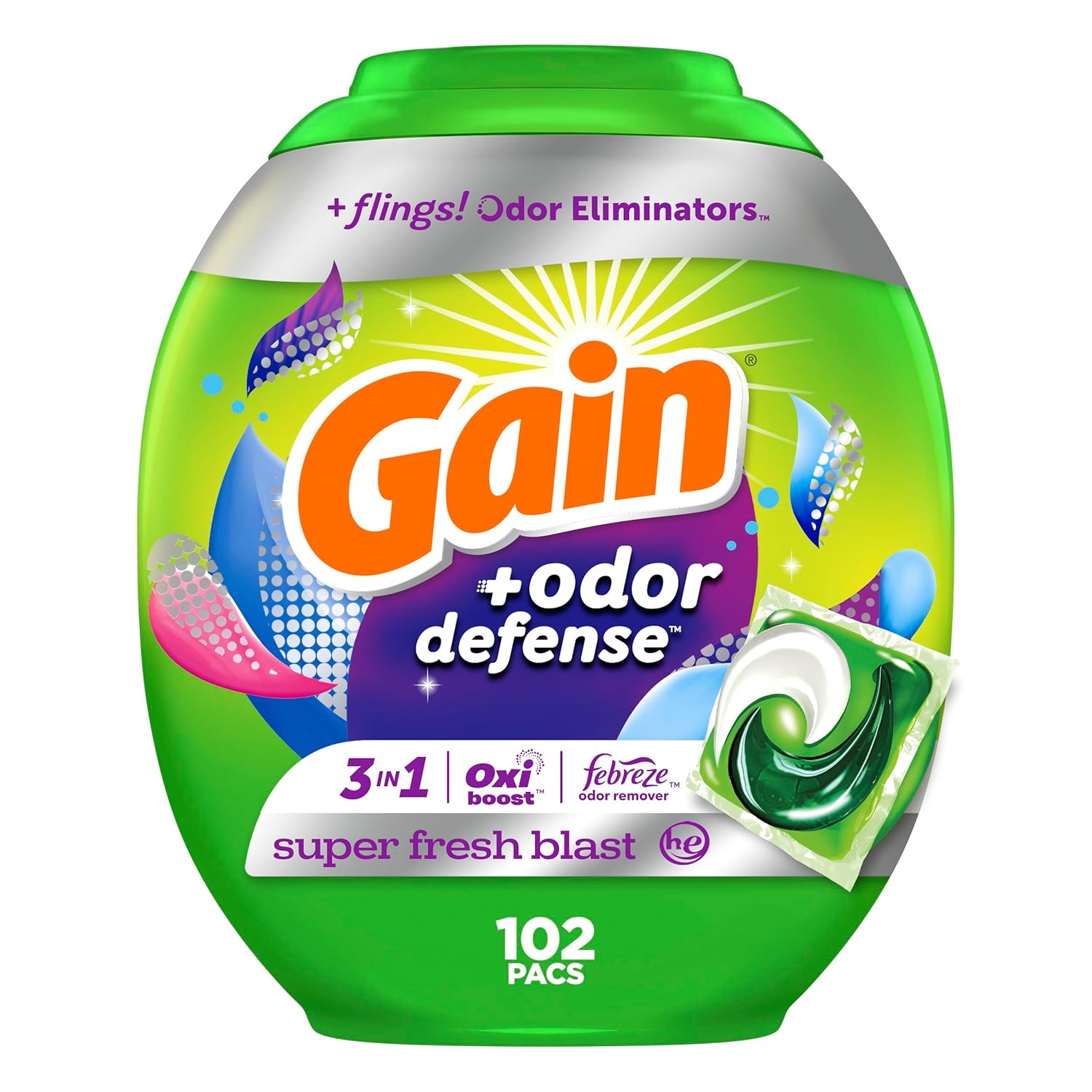 Gain Flings Laundry Detergent Pacs with Odor Defense 102 Count Super Fresh Blast Scent HE 3in1 Detergent Pacs