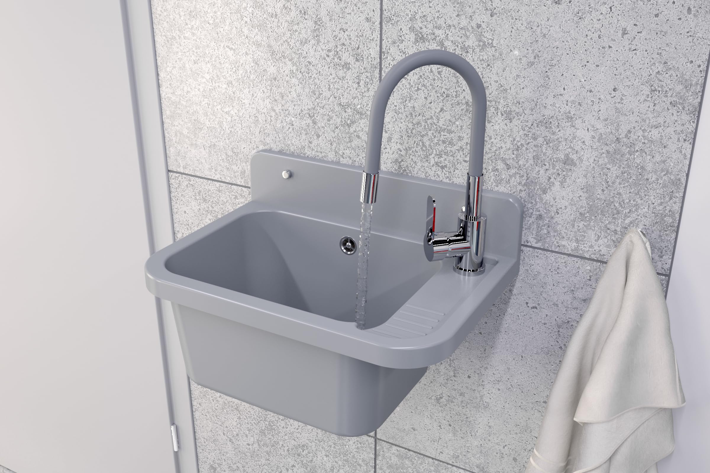 Granitan Ausgussbecken für Garage Keller Werkstatt und Waschküche - Universal Waschtrog Set mit Siphon - Waschbecken mit Abtropfschale Wandmontage aus Polypropylen - 50x34x31 cm - Grau - Figo