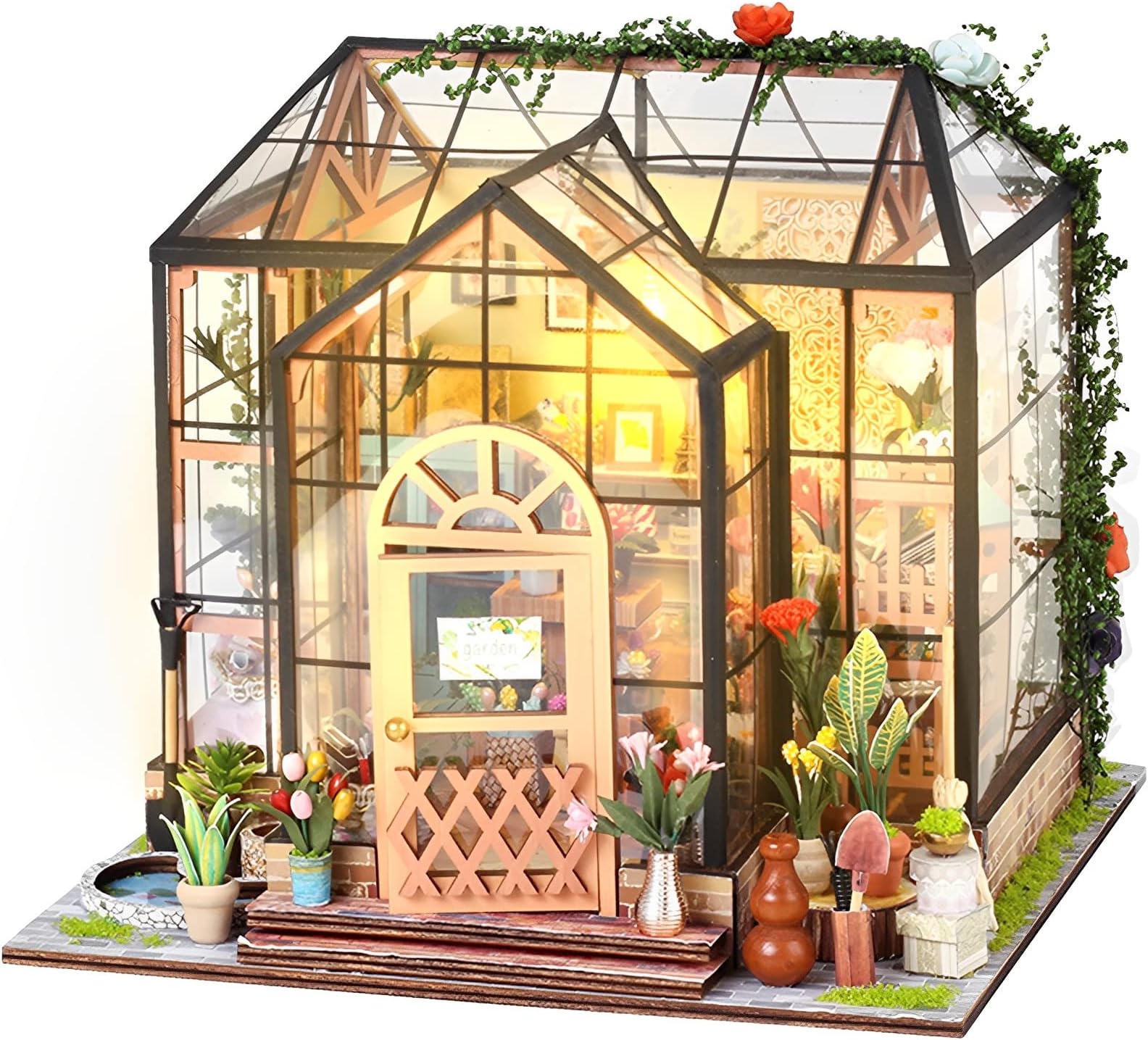 DIY Miniature House Kit with LED Light, Tiny House kit with Furniture, Green Plants Flower Shop, Decorative Mini Doll House Kit Tiny Dollhouse Kit for Kids Birthday Christmas Flower Shop (Square)