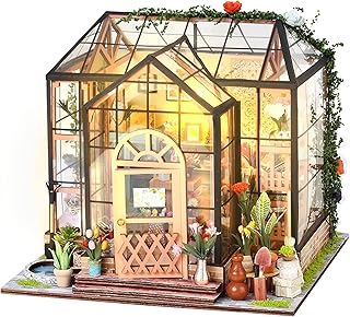 DIY Miniature House Kit with LED Light, Tiny House kit with Furniture, Green Plants Flower Shop, Decorative Mini Doll House Kit Tiny Dollhouse Kit for Kids Birthday Christmas Flower Shop (Square)