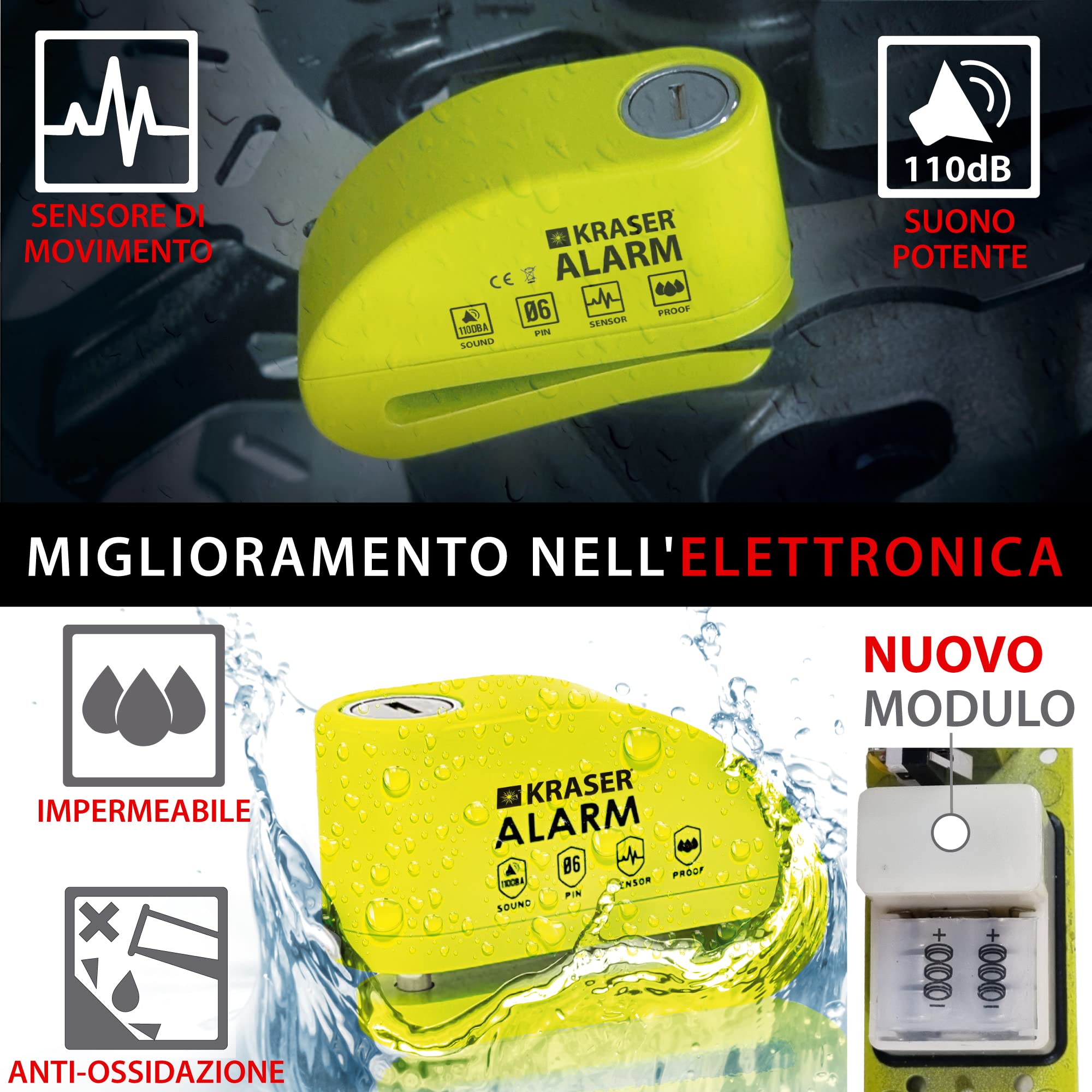 KRASER KR6Y Blocca Disco per Moto con Allarme 110dB, Antifurto Moto Nr1 Autobild, +Deterrente, 3 (altre 2) Chiavi Sicurezza, Impermeabile, Cavo Reminder 1.5m Borsa, Lucchetto Sonoro Scooter Bici