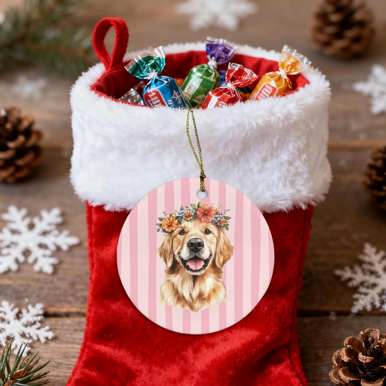 Golden Retriever Christmas Ornament, Gifts for Golden Retriever Lovers, Floral Dog Ornament for Christmas Tree, Pink Striped Dog Decorative Hanging Ceramic Ornaments for Xmas Party Holiday - Image 2
