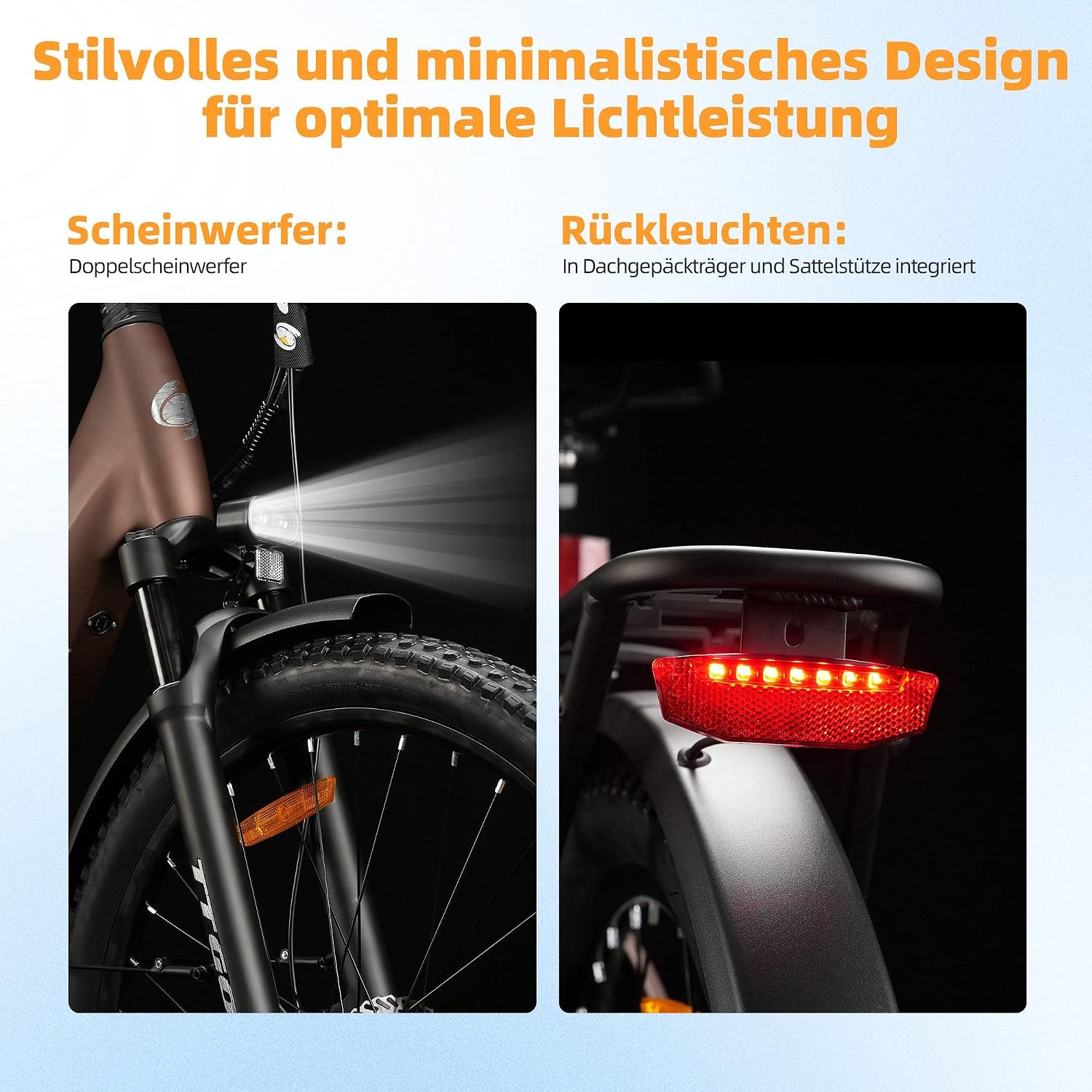 Close-up images of the TTGO Z3 electric bicycle's LED headlight and integrated taillight, demonstrating their illumination capabilities.