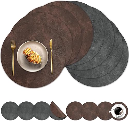 Miniatura 12 de Juego de 6 manteles individuales redondos y posavasos, manteles individuales reversibles lavables de cuero sintético con patrón de cuero de vaca,