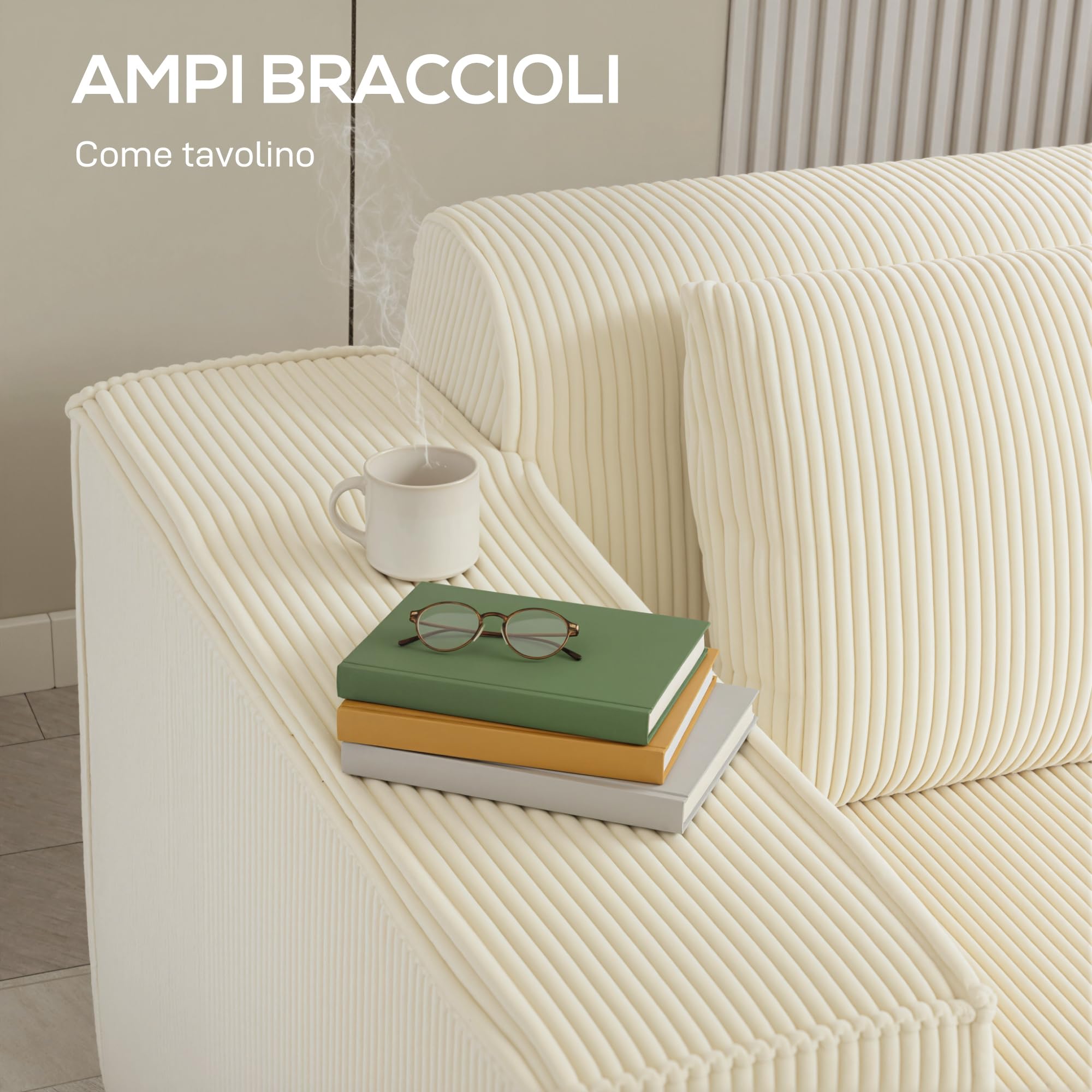 HOMCOM Divano 3 Posti Extra Profondo 65 cm Divanetto Modulare Beige | Senza Struttura, Imbottitura Spessa, Braccioli Larghi, 2 Cuscini, Sofà Moderno in Velluto a Coste, per Salotto e Soggiorno