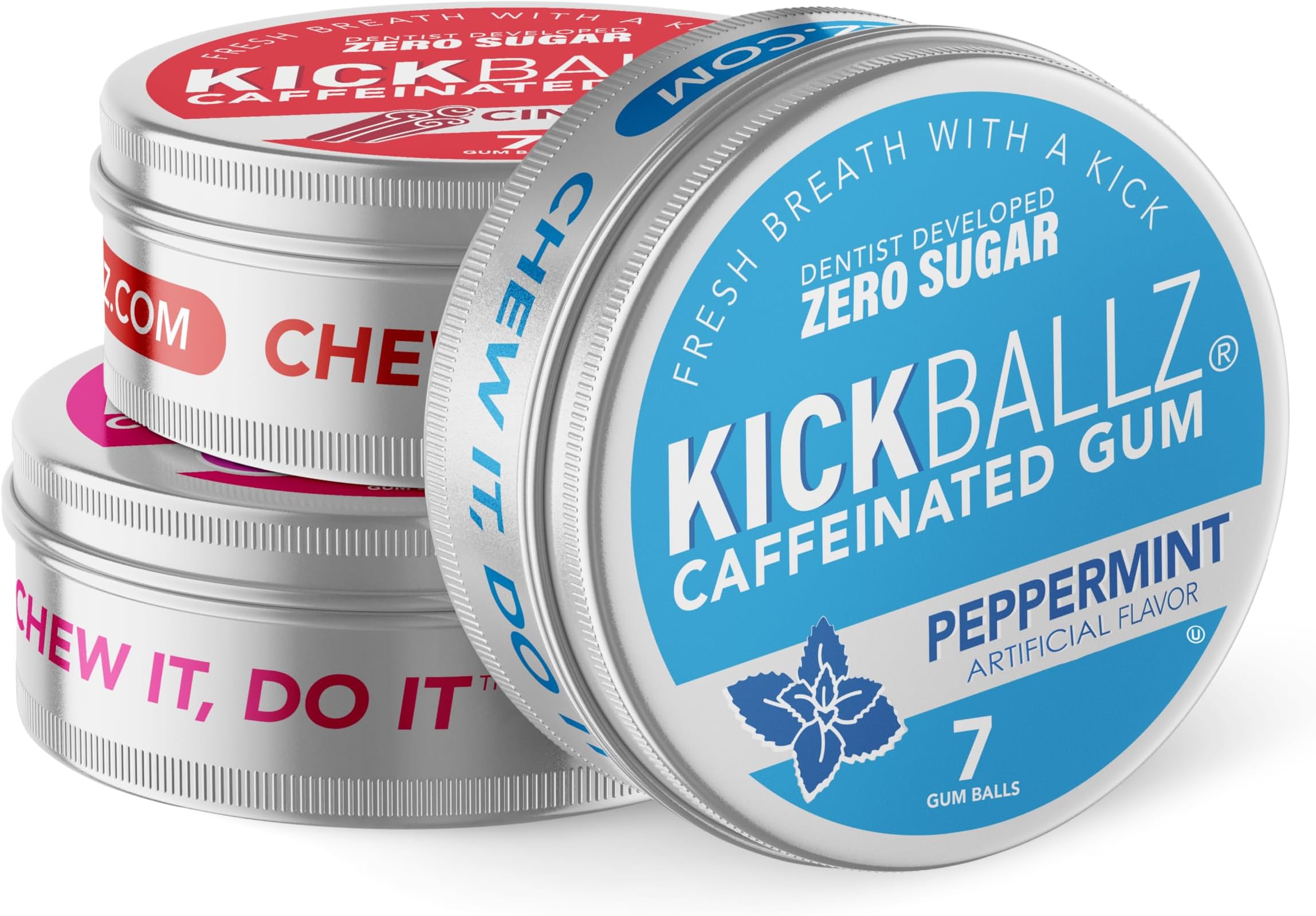 KickBallz Variety Caffeinated Energy Gum | 110mg Fast-Acting Caffeine for Focus, Alertness, Pre-Workout | Sugar-Free, Keto, Gluten-Free | Peppermint, Cinnamon, Bubblegum | 3 Tins, 21 Pieces