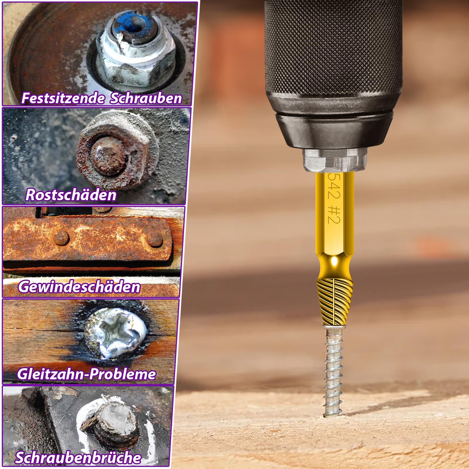 9 Piece Gold Titanium-Plated Screw Extractor Set, HRC 80 Hardness, HSS 6542, Screw Grab Screw Removal Tool, Longer Lasting - Image 4