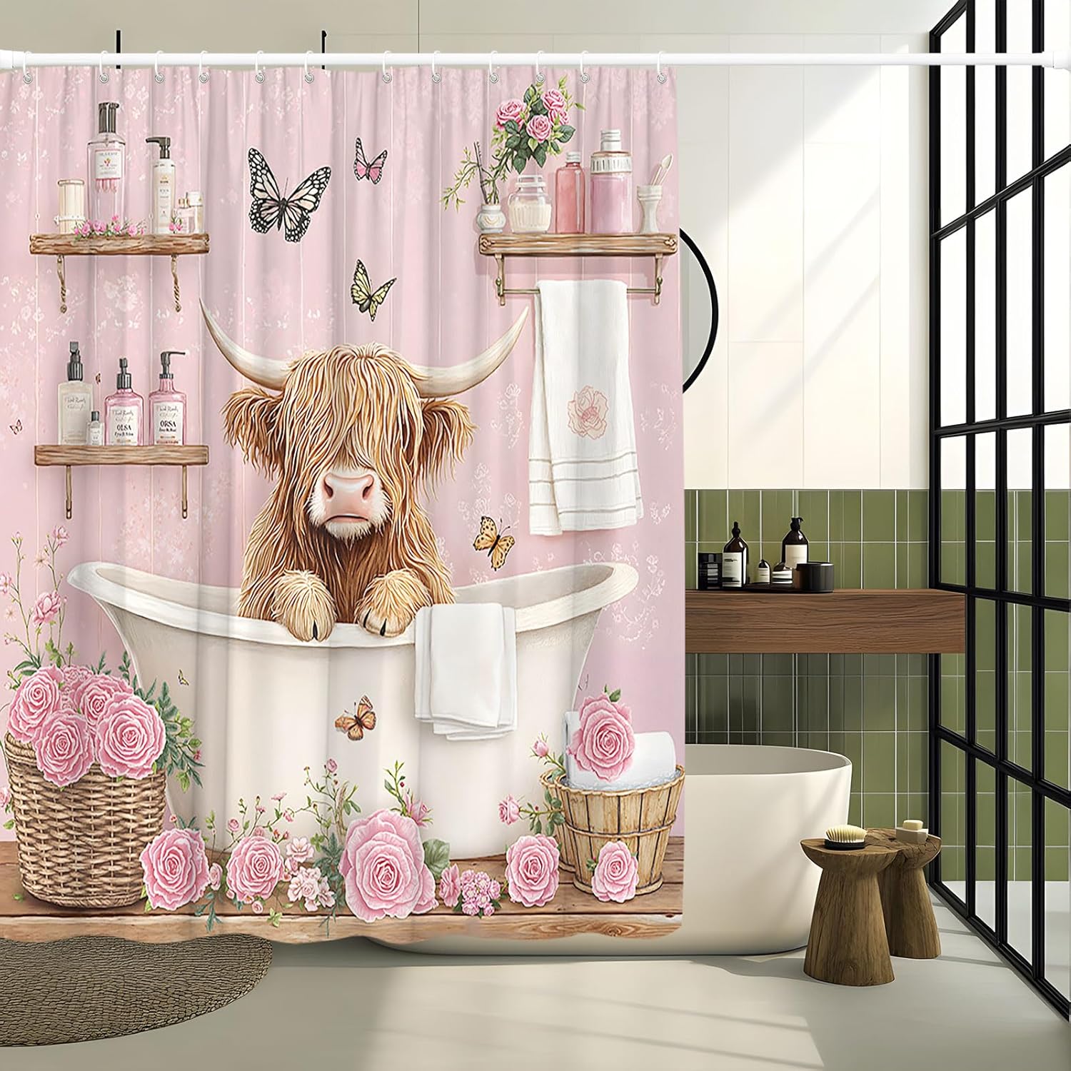Funny Highland Cow Shower Curtain Farmhouse Farm Animal in Bathtub is Taking Bath Cattle Bull Western Wildlife Rustic Pink Flower Modern Floral Decorative Curtain with Polyester Fabric