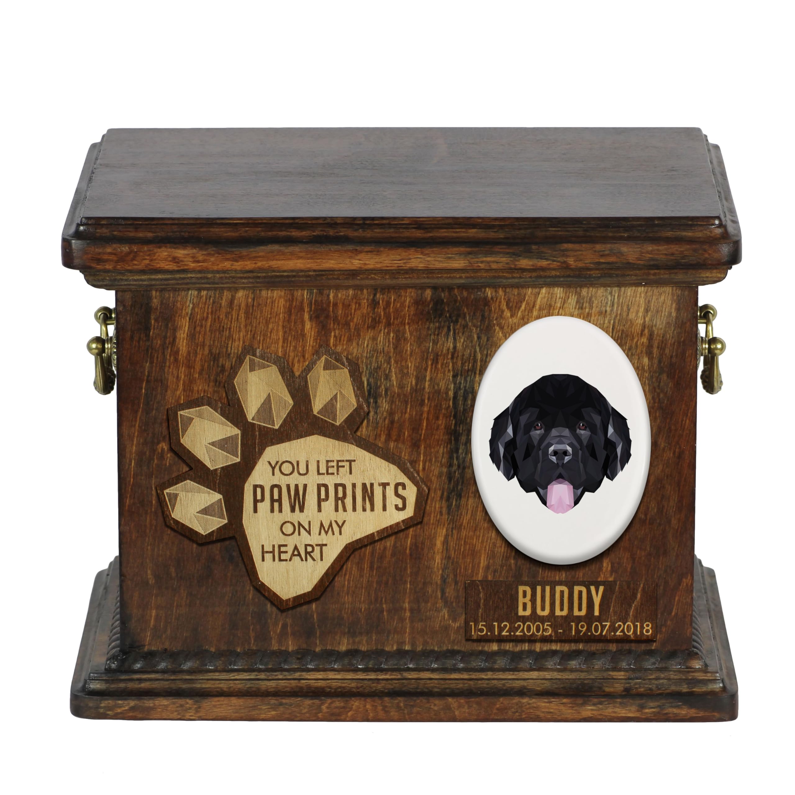 Art-Dog Custom Geometric Dog Memorial Urn - Handmade Wooden Urn – Decorative Ceramic Plate - Custom-made Dog Cremation Box for Ashes - 8,3x11,4x8,7” – Newfoundland — image 1