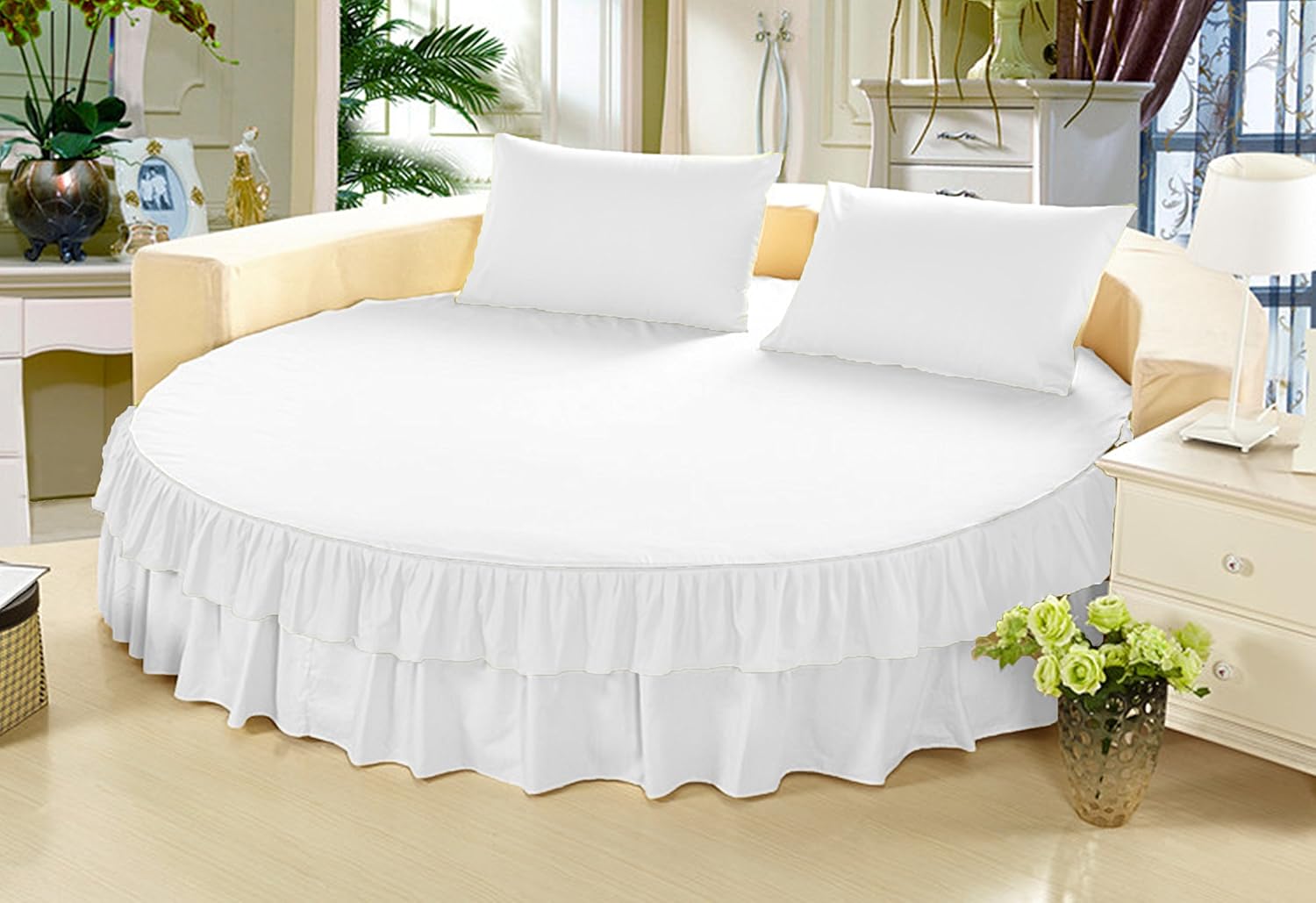 Round Bed Skirt - Luxury Double Ruffle Bed Skirt 100% Natural Cotton 800 Thread Count 12 Inch Tailored Drop, Ruffle Bed Skirt for Round Bed (California King 96" Diameter, White)