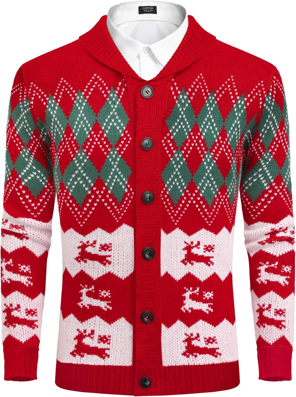 COOFANDY Men's Christmas Cardigans Ugly Xmas Sweaters Reindeer Snowflake Shawl Collar Knitted Cardigan Sweater