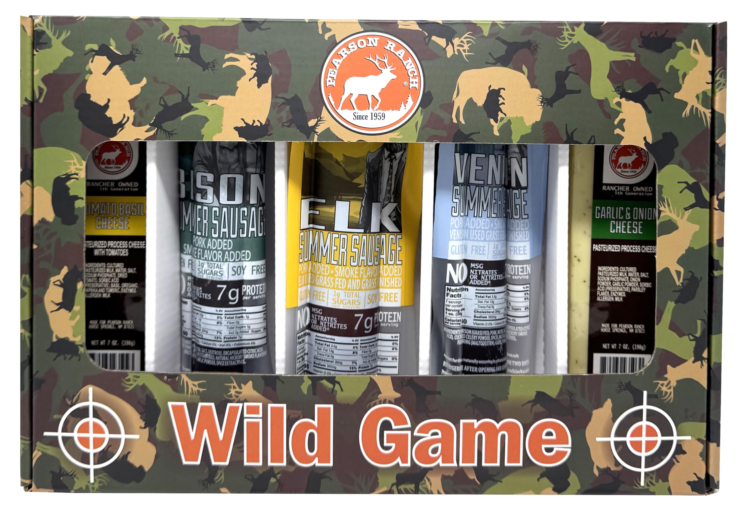 PEARSON RANCH Exotic Meat Summer Sausage Gift Box, Charcuterie Meat Includes 3 Summer Sausages (Elk, Venison, & Bison) and 2 Wisconsin Cheese And Sausage Gift