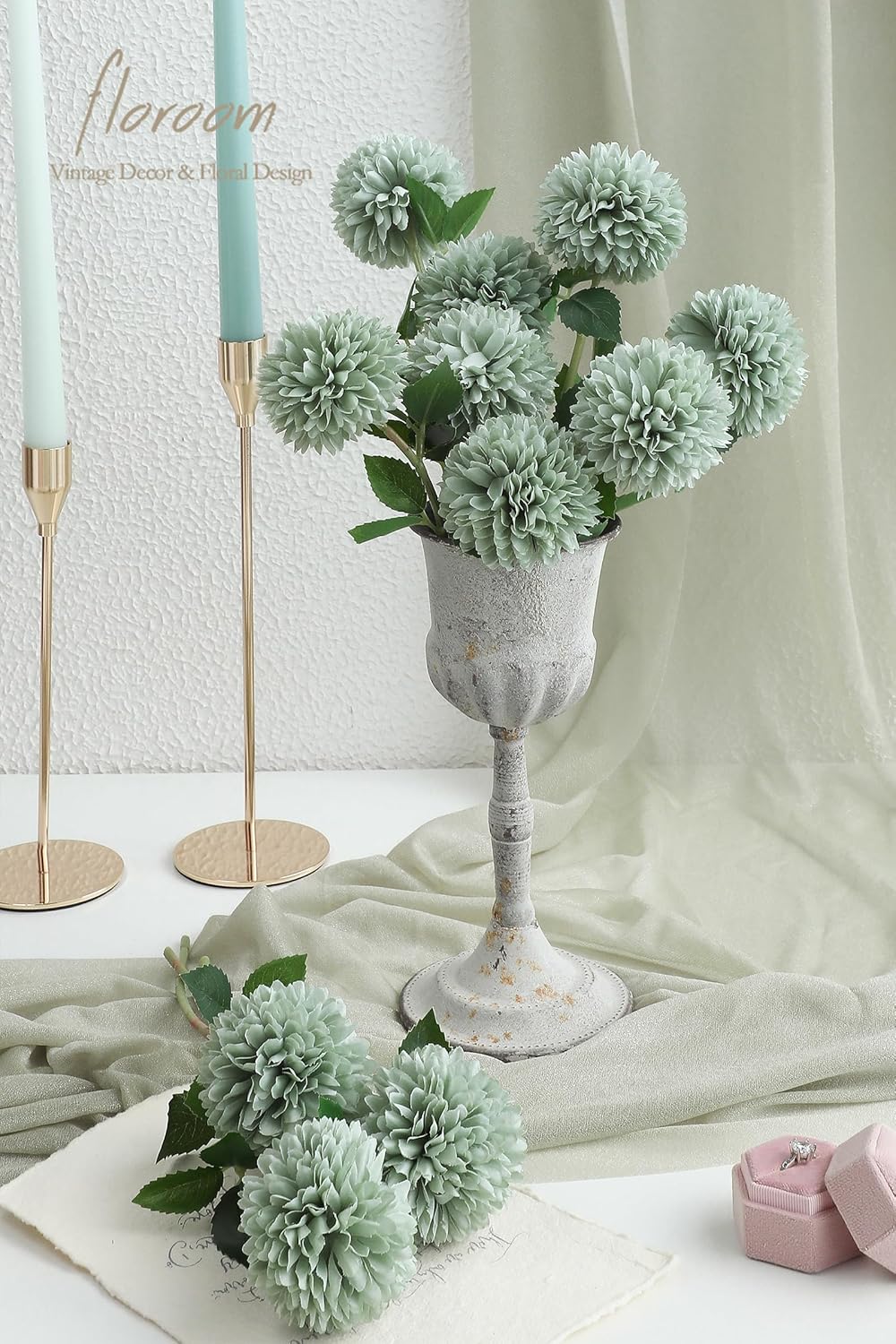 Floroom 12pcs Sage Green Faux Silk Mums Artificial Flowers Bulk Fake Chrysanthemums with Stems for DIY Wedding Table Centerpieces Floral Arrangements Vase Fillers Home Decorations - Image 2