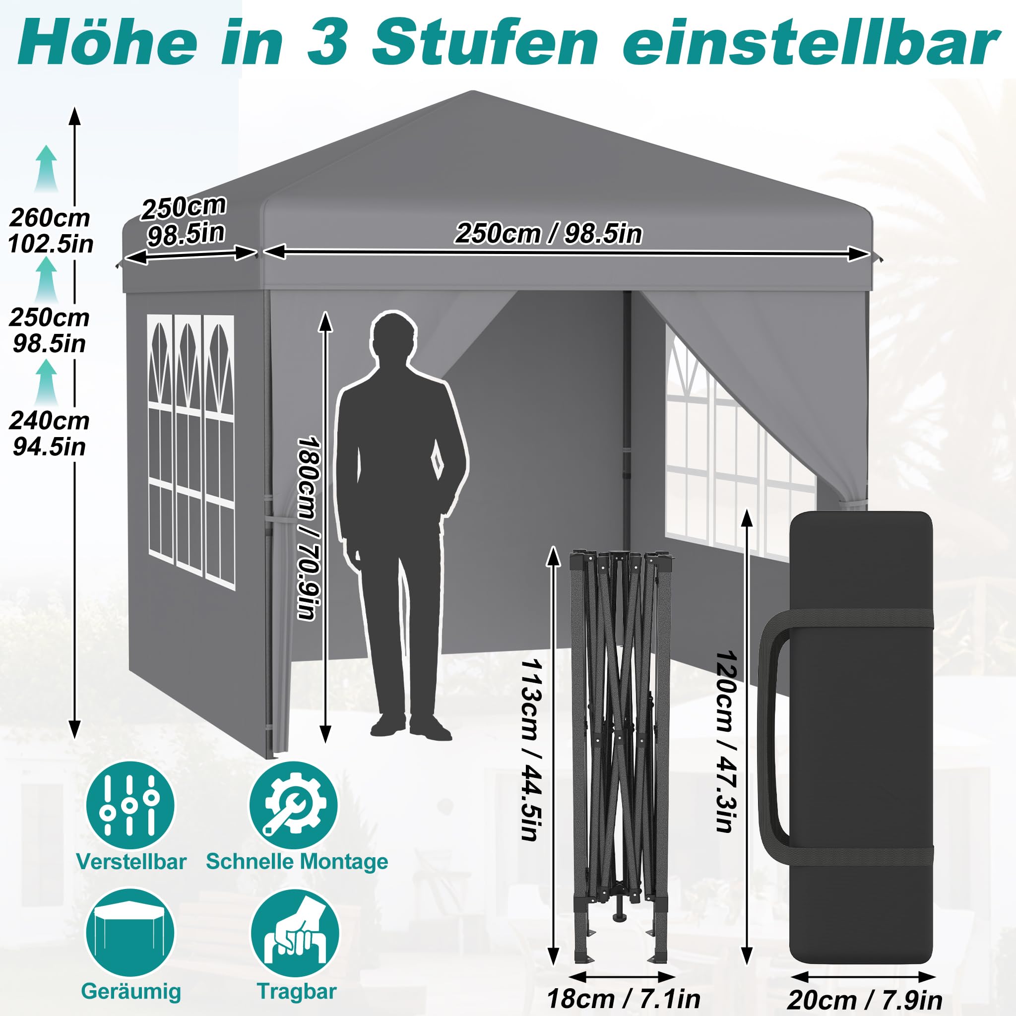 YRHome 2.5x2.5m Pop Up Faltpavillon Wasserdicht Pavillon Faltbar Stabil Winterfest mit Seitenwänden Gartenpavillon Höhenverstellbar Gartenzelt UV Schutz Partyzelt Festzelt inkl.Tragtasche - Grau