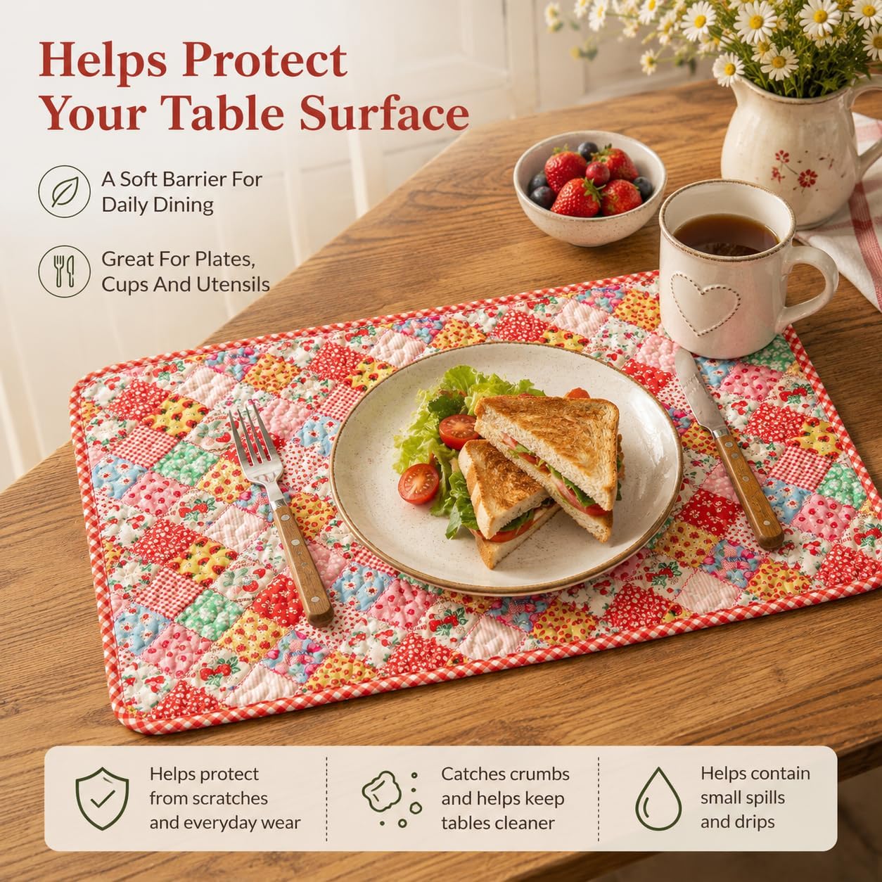 Quilted Placemats Set of 4, 12X18 Inches Cotton Fabric Placemats, Reversible & Washable Placemats, Patchwork Table Mats for Dining Table, Rectangular Placemat (Colorful Checkered)