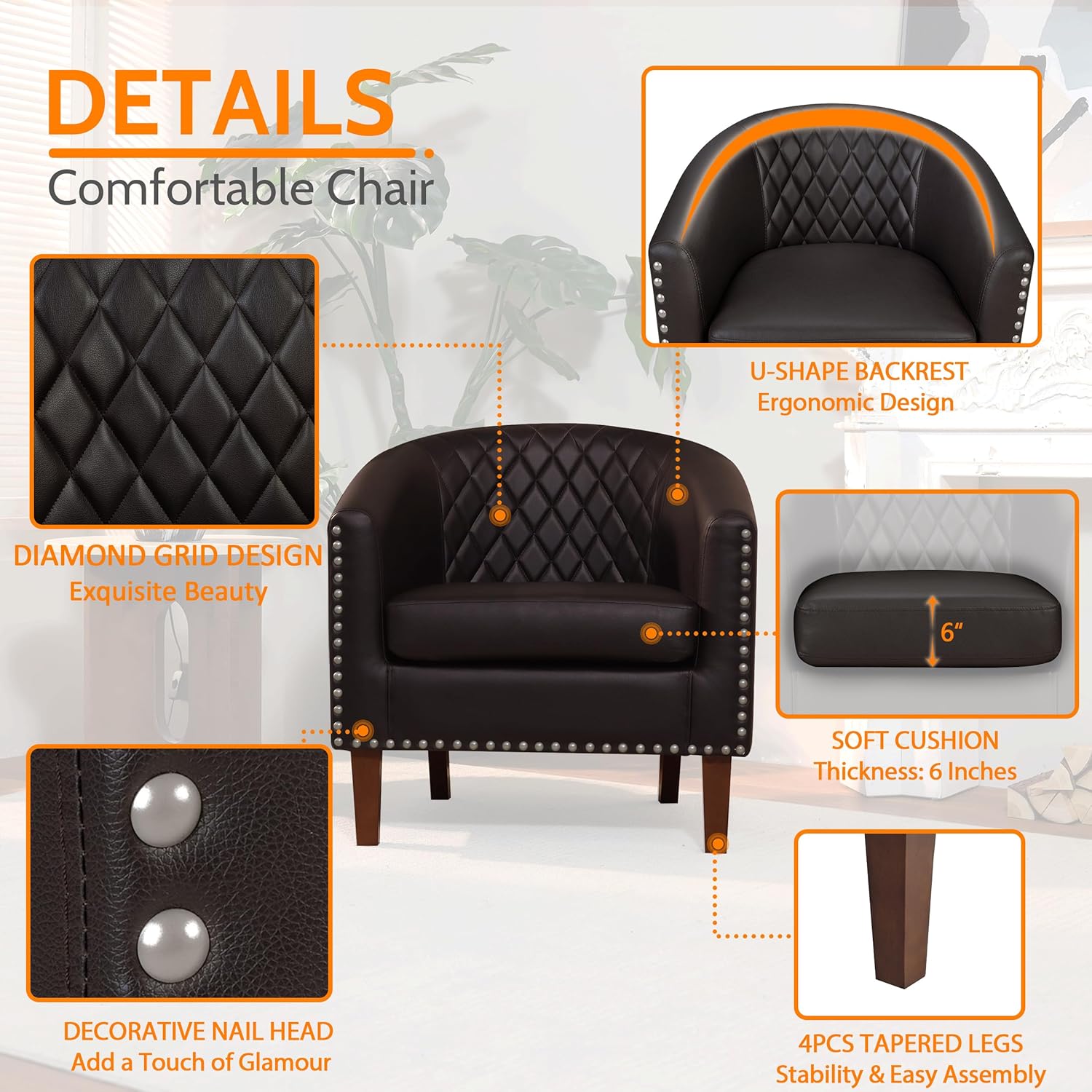 PrimeZone Barrel Chair Set of 2, Comfy Accent Chair, Faux Leather Living Room Chairs Club Chair with Cushion, Nailhead Trim and Diamond Grid Backrest, Reading Chair for Bedroom Waiting Room, Brown