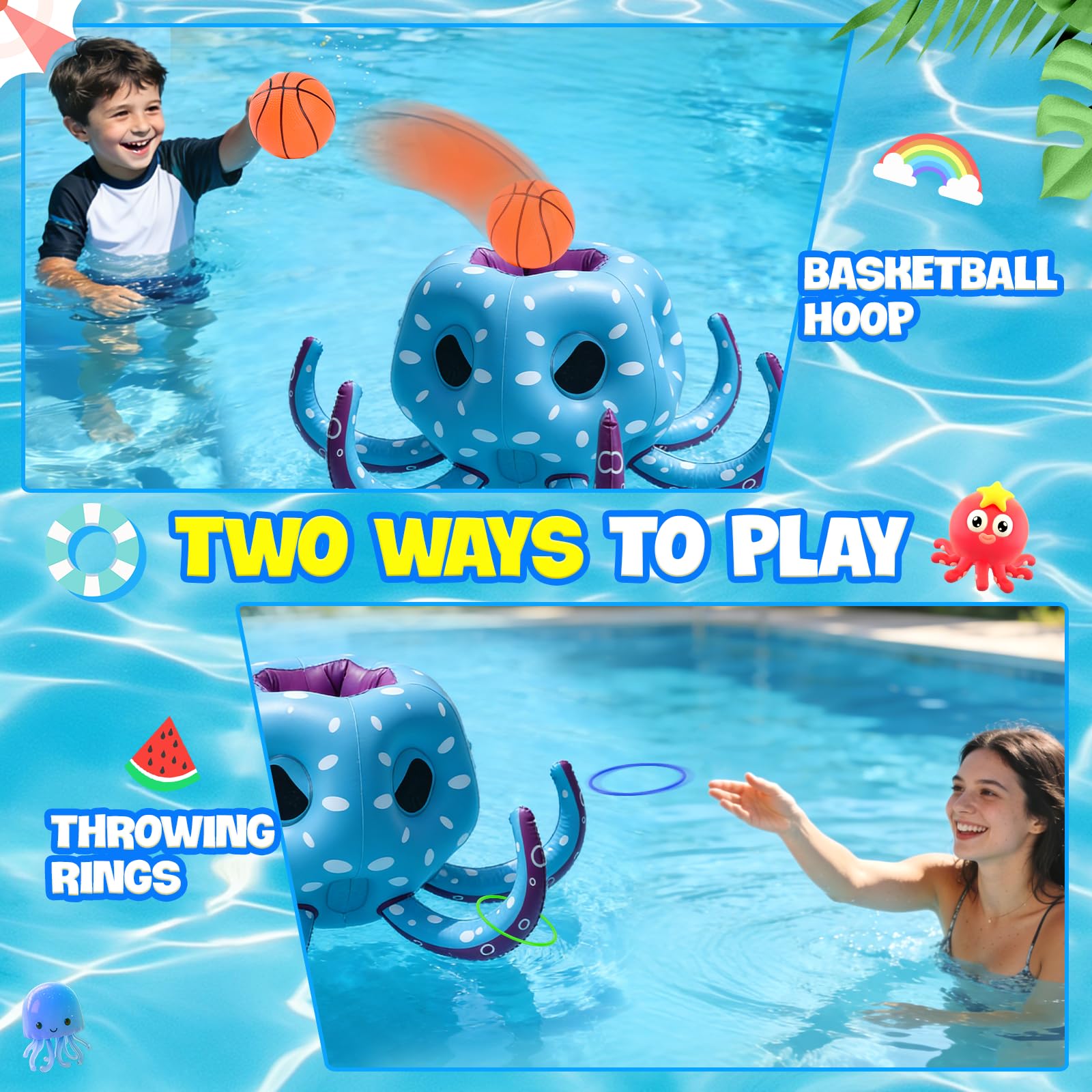 Pieuvre Gonflable pour Piscine 80cm, 2 en 1 Jeu d'eau Flottant Gonflable, Panier de BasketGonflable & Jeu de Lancer d'Anneaux, Jouet de Piscine Flottant pour Enfants et Adultes