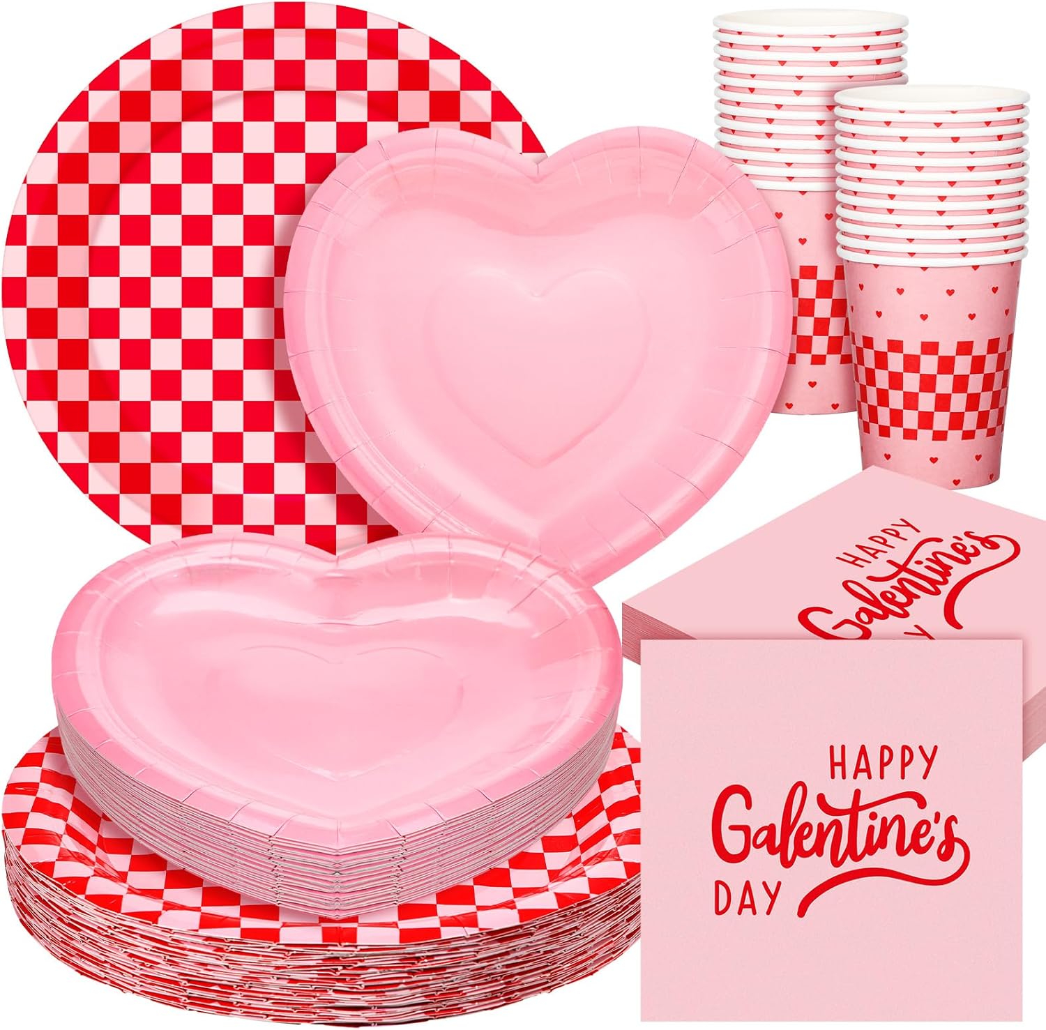 Zhehao 112 Pcs Galentine's Day Party Supplies Set for 24 Guests 9 Inch 7 Inch Paper Plates 9 oz Cups Napkins and Cutlery Pink and Red Plaid Ladies Celebration Party Decor Women Supplies