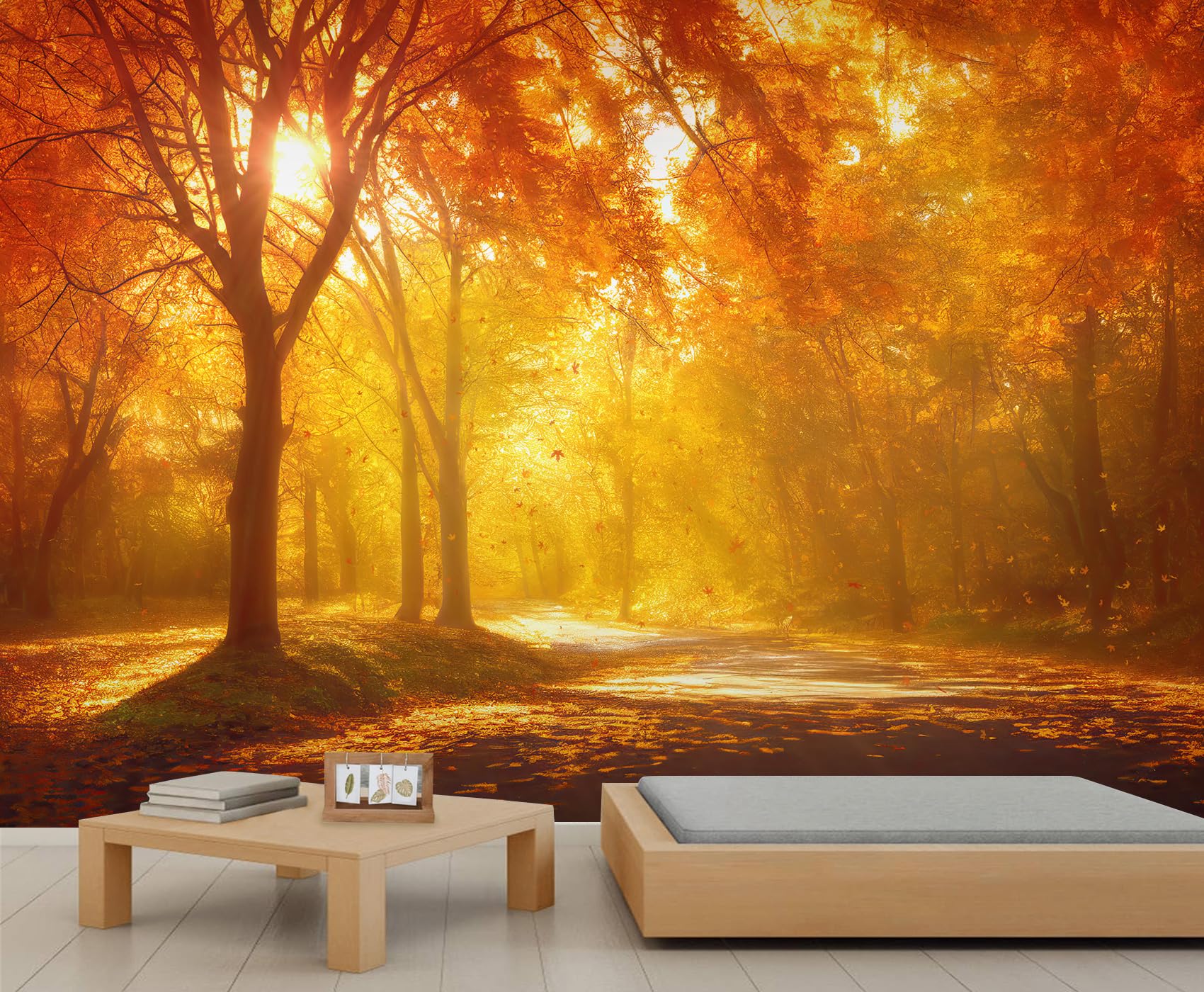 Autumn Forest Wall Murals Sunset Woods Photo Wallpaper Sunshine Forest Trail Mural Maple Tree Natural Landscape Wallpaper for Bedroom Dining Room Office 200 x 140 cm