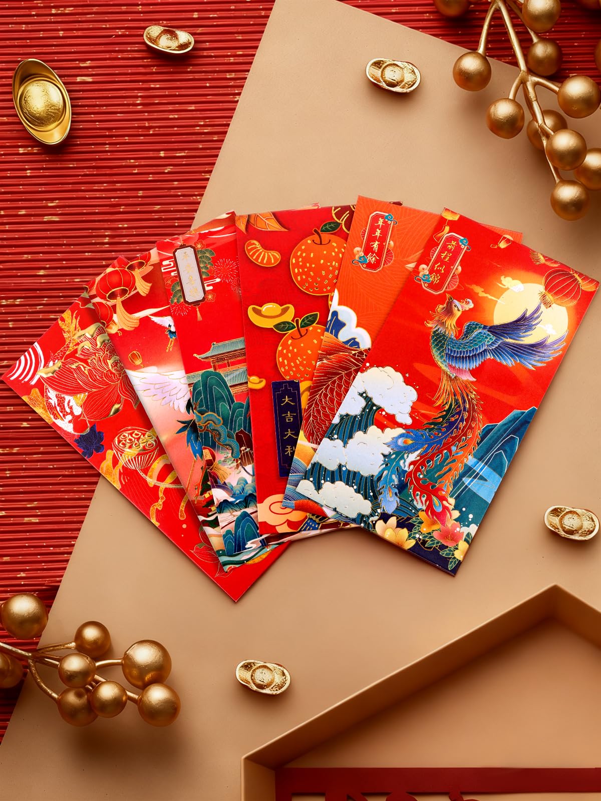 Lot de 60 enveloppes rouges porte-bonheur Hong Bao Nouvel An chinois motif bronze traditionnel