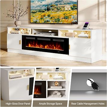 80 Fireplace TV Stand with Power Outlet, Electric Fireplace Entertainment Center with Storage Cabinets, Fits TVs up to 90, TV Console with LED Lights for Living Room, Office, White-Black