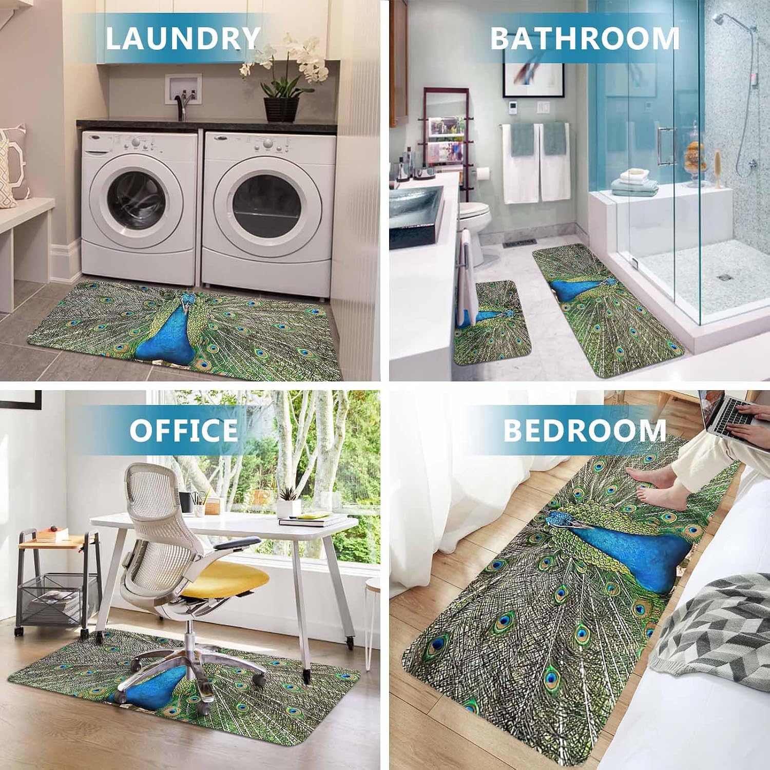 Prime Leader Animal Green Kitchen Mat Set 2 Pieces Peacock Non Slip Kitchen Rugs Washable Runner Rug Mats for Sink Laundry (23.6" x 35.4"+23.6" x 70.9")