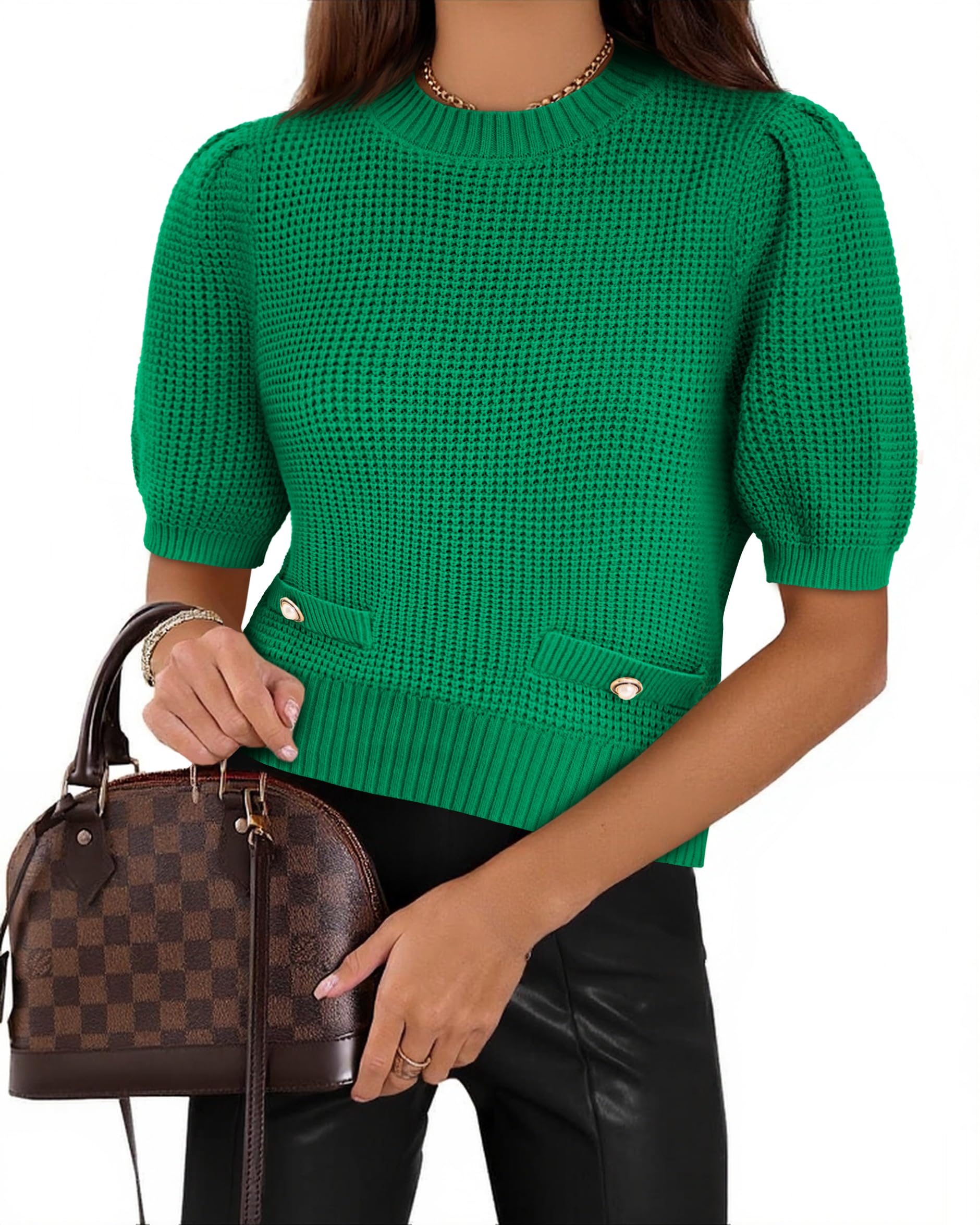 Cicy Bell Womens Puff Short Sleeve Sweaters Tops Cropped Ribbed Knit Lightweight Pullover Casual Loose Fit Crewneck Sweater