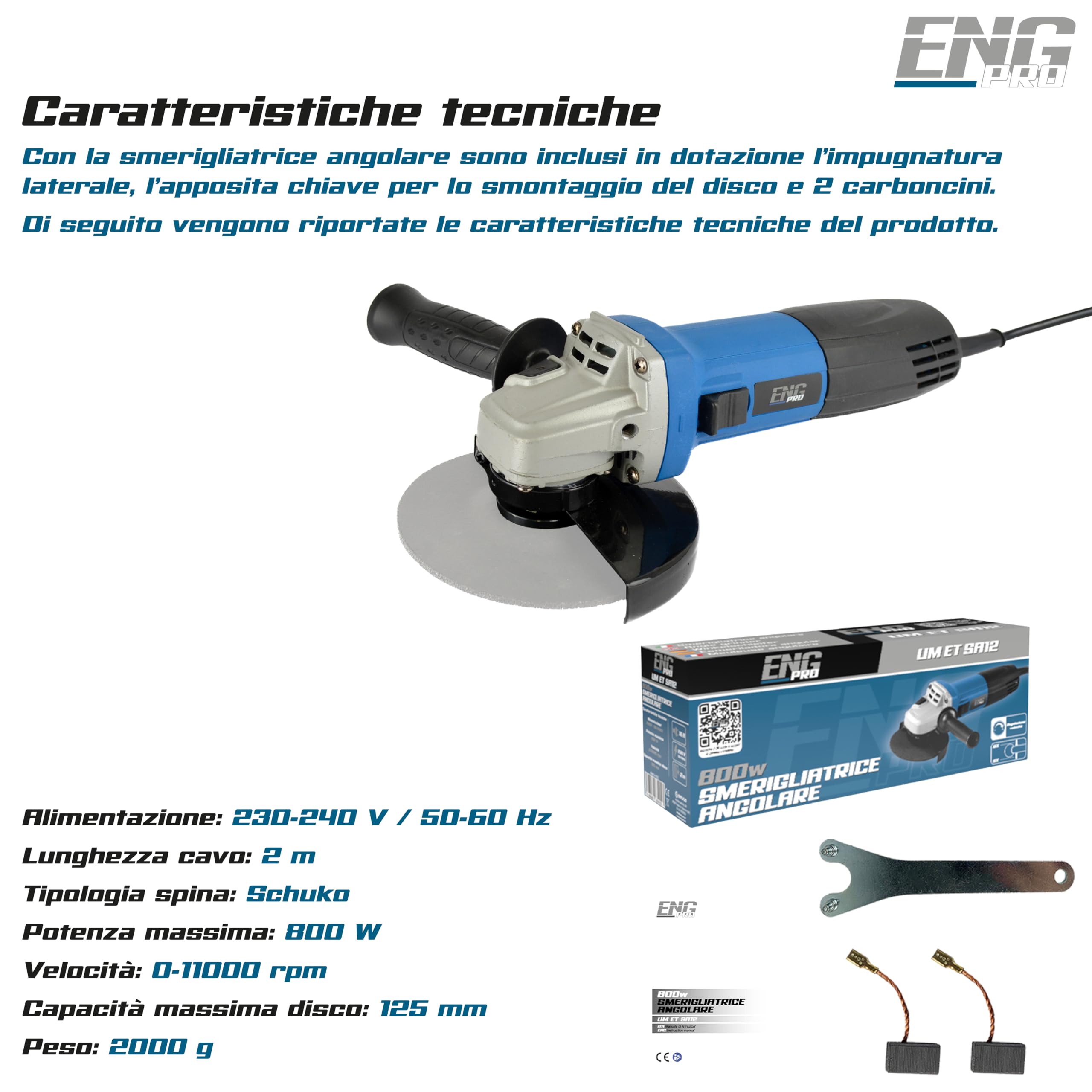 ENG PRO elektryczna szlifierka kątowa z tarczą 125 mm, moc 800 W, profesjonalny dodatkowy uchwyt, prędkość 11000 r.p.m, UM ET SA12