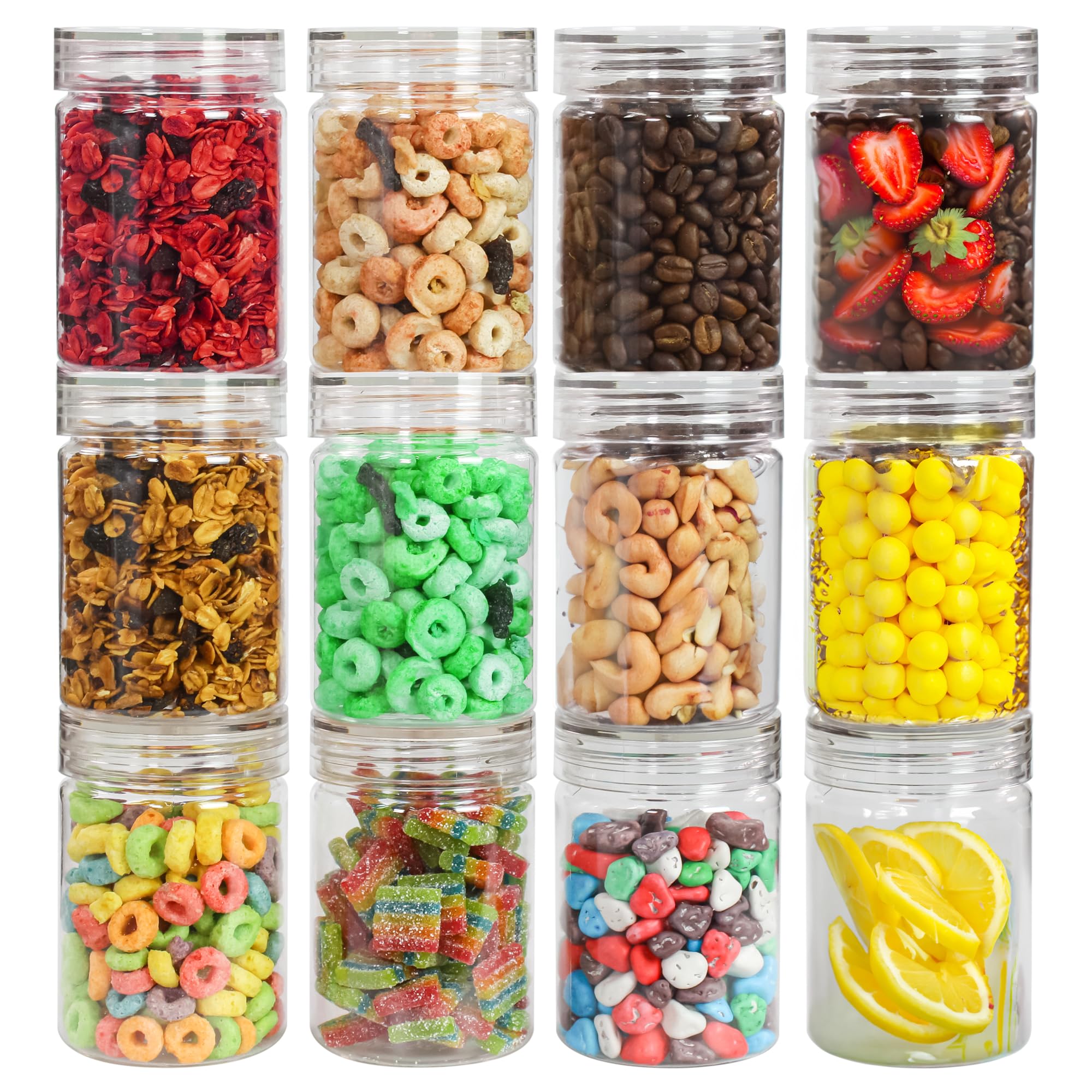 PEARLPET Plastic Containers for Kitchen Storage | Plastic Container Set with Spoon | BPA-Free, Stackable Jars | Transparent,300 ML (Set of 12)