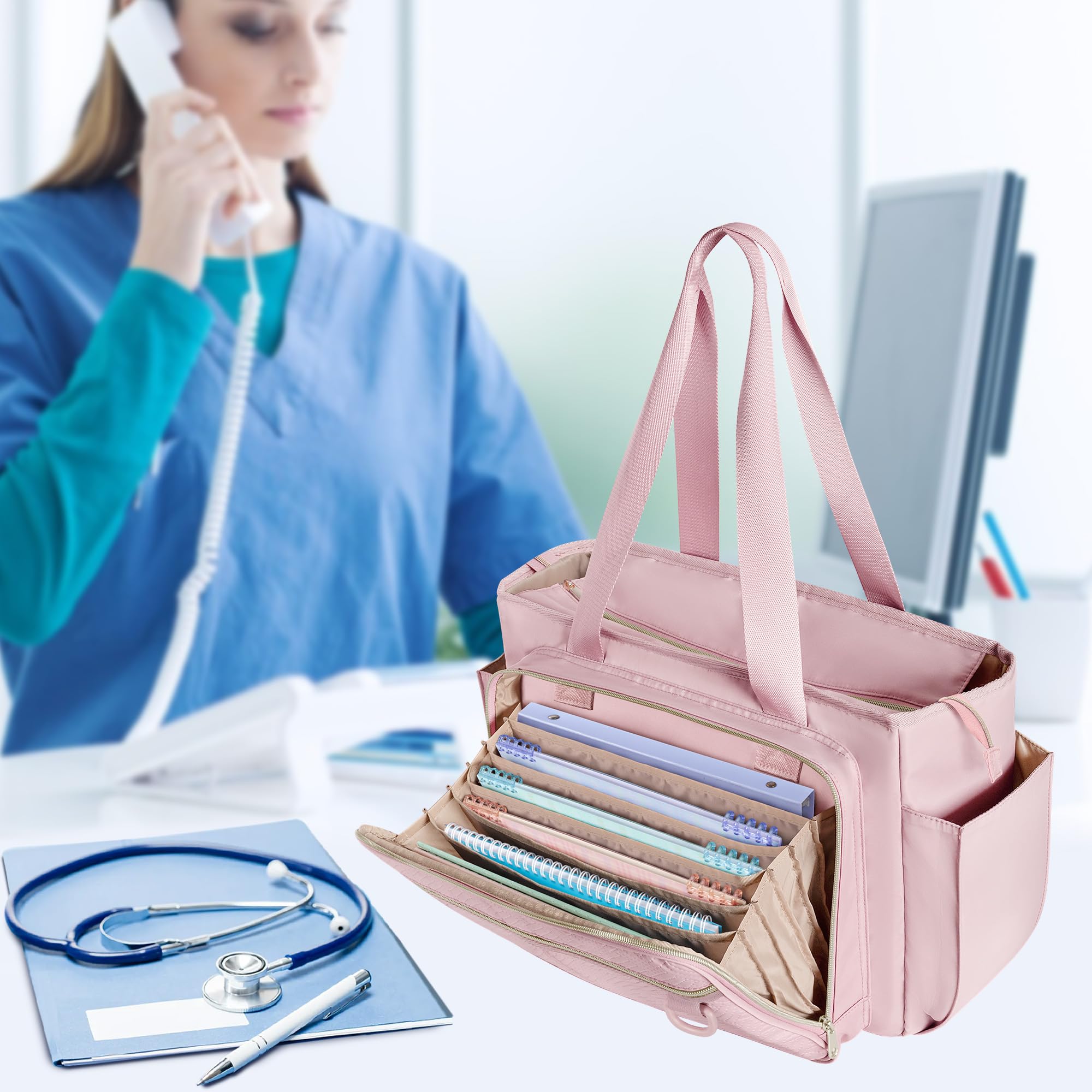 Bolsa de Mano para Enfermeras para Mujer, Bolsa Clínica de Enfermería con Organizador de Archivos en Acordeón, Accesorios de Enfermería para el Trabajo y la Atención Médica en el Hogar, Rosa