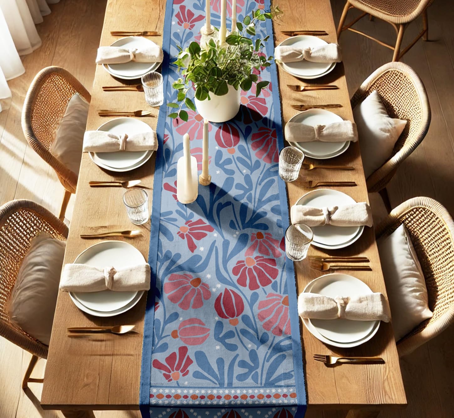 Decorative Table Runner - Double-Layered Cotton - 14 x 60 Inch with Elegant Border - Durable - for Rustic, Boho & Modern Décor - Floral