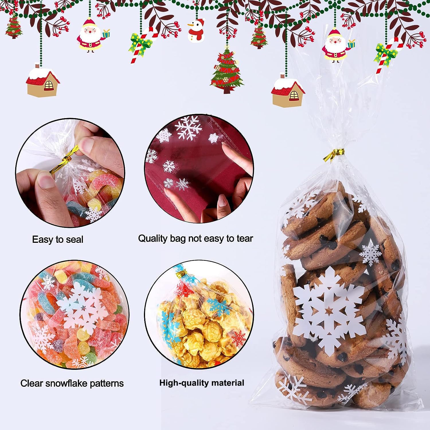120 Sacchetti Biscotti Di Natale Con Fiocchi Di Neve – 27x13cm Con 140 Twist Tie – Per Caramelle E Regali Fai Da Te