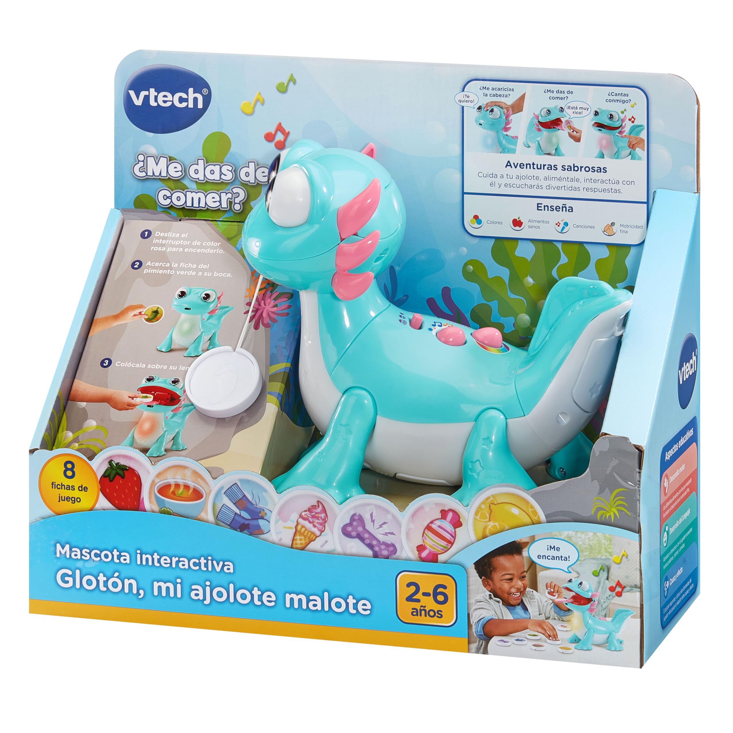VTech - Glotón mi ajolote malote, Mascota interactiva, Juguete Educativo con Luces LED, Respuesta táctil, Actividades didácticas, Regalo niños +2 años, Versión ESP