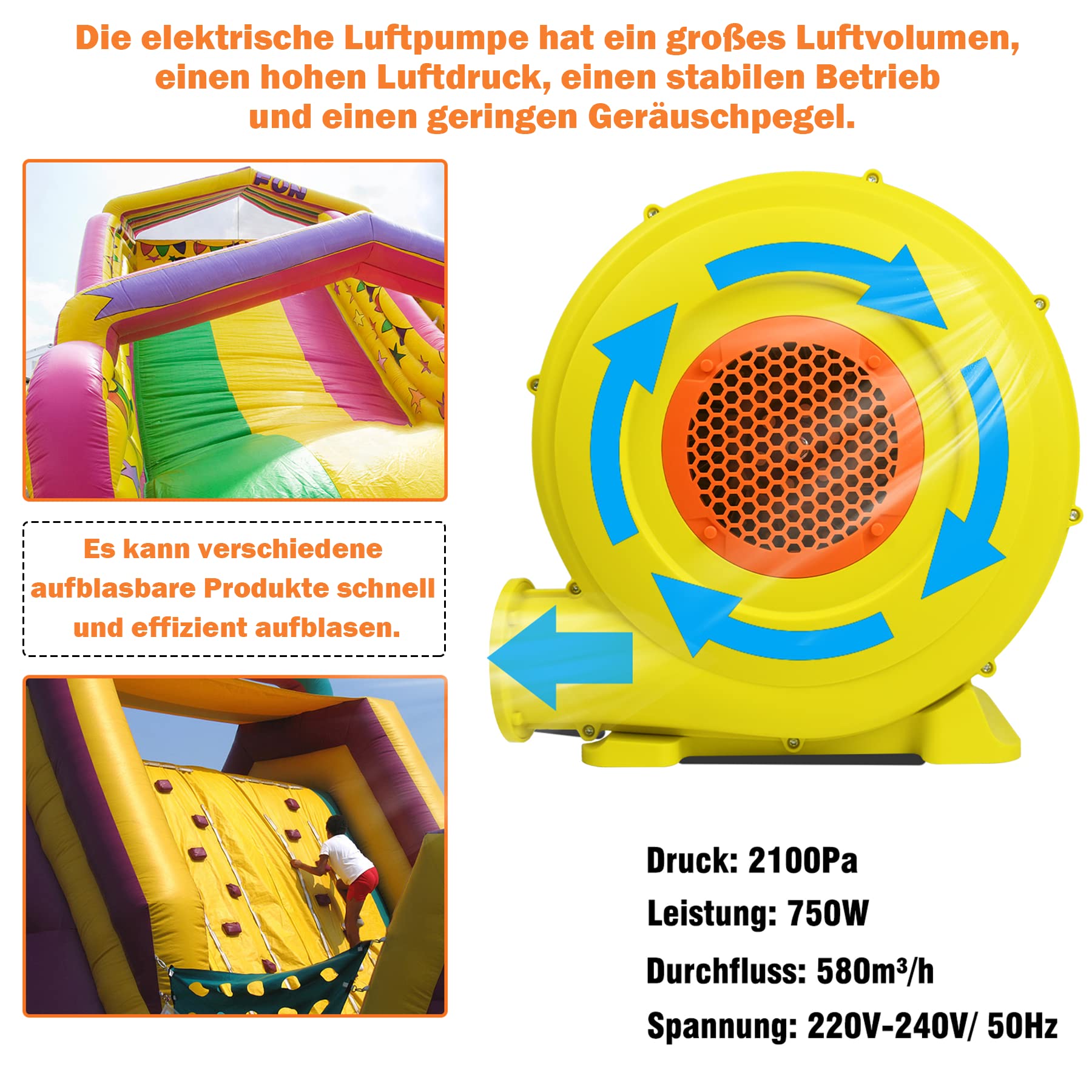 Froadp 750W Ventilador de Aire para Castillo Hinchable 220-240V Bomba Inflable Eléctrica con Mango y Pica de Tierra Ventilador Centrífugo Hinchable Soplador para Juegos Inflables (Amarillo+Naranja)