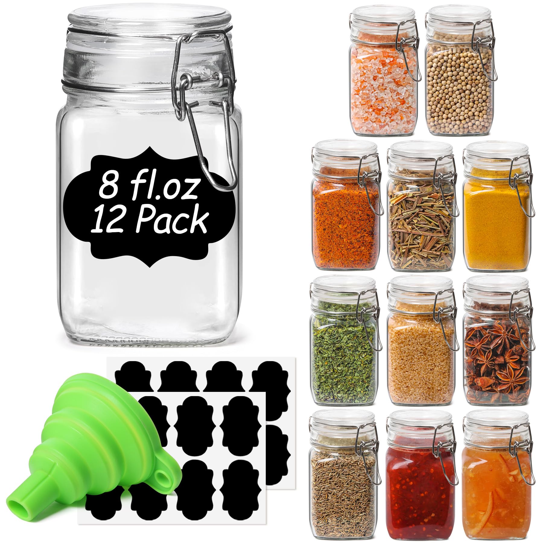 ComSaf Square Small 8 oz Glass Spice Jars with Airtight Lids 12 Pack Pantry