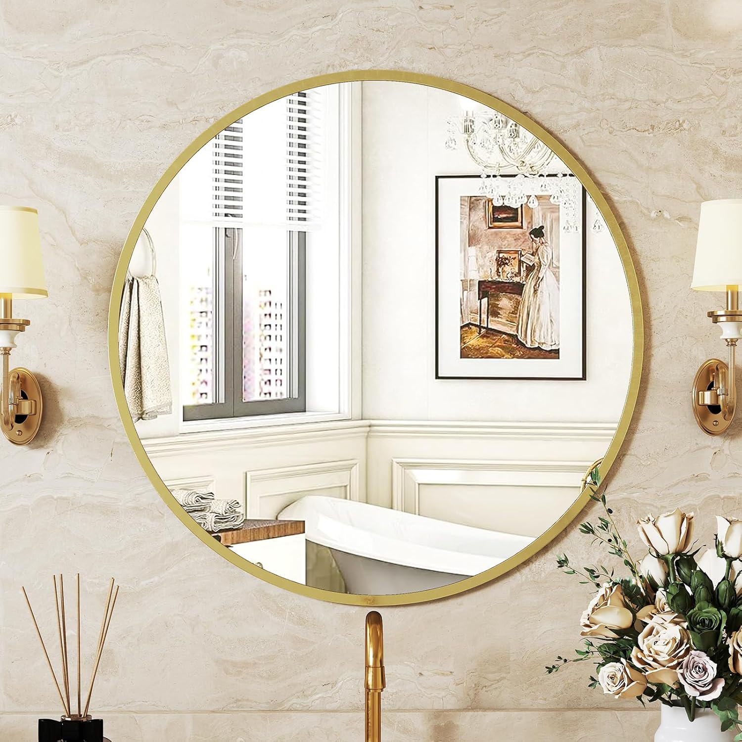 Sweetcrispy 20-inch Gold Round Wall Mirror, Circle Bathroom Mirrors with Metal Frame, Wall-Mounted Mirrors for Living Room, Bathroom, Entryway